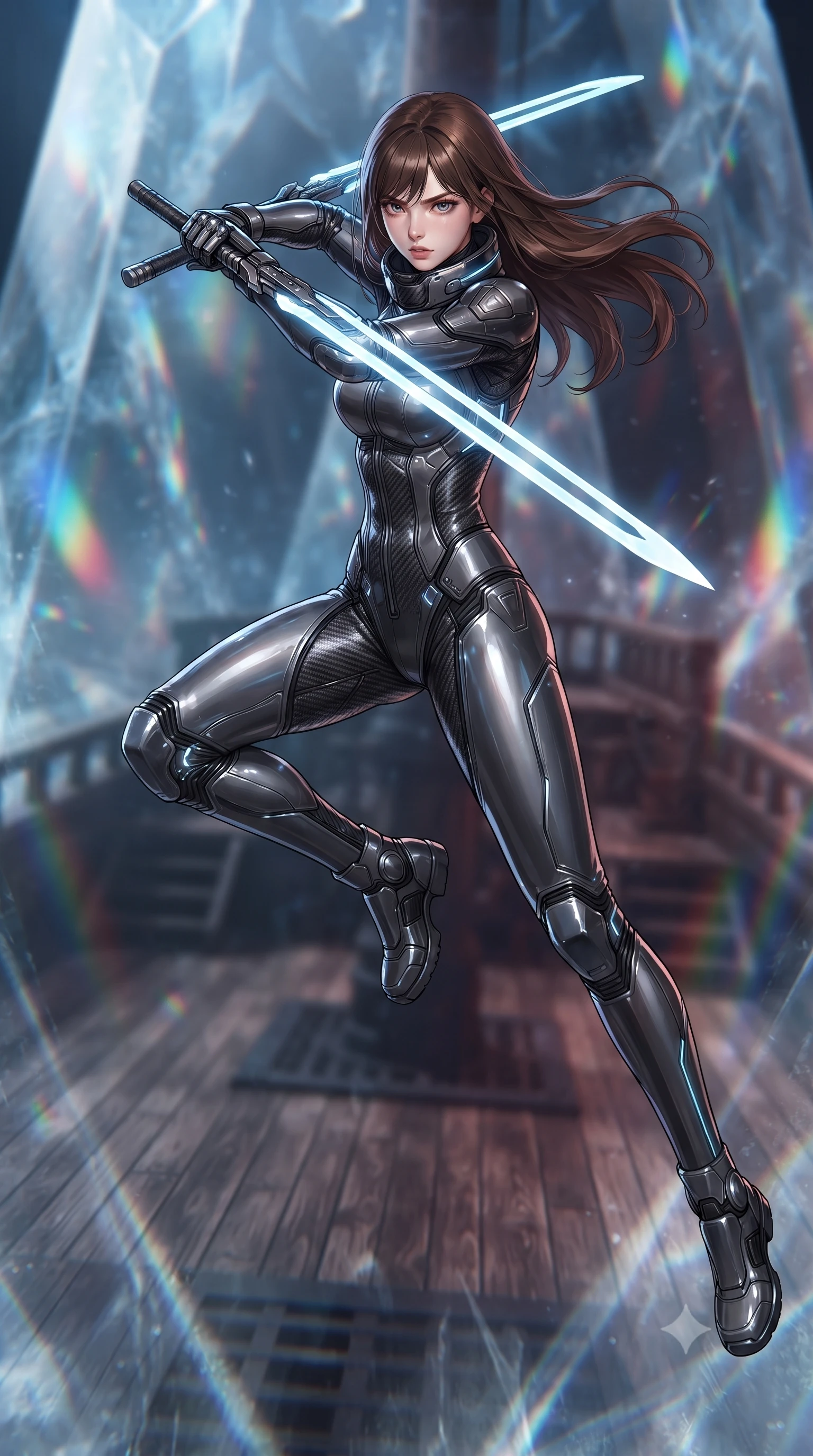 score_9, masterpiece, best quality, ultra-detailed, high-budget anime keyframe, editorial fashion photography, tasteful artistic composition, Korean woman. low angle full-body shot from head to toe showing her feet, filling the entire 9:16 vertical frame with her statuesque presence, stretching her vertical silhouette. leaping forward while slashing with a twin-bladed plasma sword in mid-air, her body-contouring suit showing her athletic silhouette, the background shows a soft-focus the deck of an ancient wooden battleship frozen inside a crystal of solid stilled-time. She has an absolutely perfect, statuesque 8.5-heads proportion, an exceptionally tall and slender model-like female figure with impossibly long slender legs and an ultra-slim waist. sharp v-shaped jawline, high-bridge nose, intricate jewel-like eyes with depth, thick eyelashes, glossy lips with a natural sheen. wearing a slim-fit heavy-duty hazard suit with carbon reinforcement panels, featuring a high-neck protective collar and safety boots. soft stasis rays refracting through ice-like temporal fields. ultra-reflective glossy finish, specular highlights, metallic sheen, high-contrast stereoscopic depth, volumetric dynamic lighting, 2k, ultra detail, master piece, 9:16 ratio