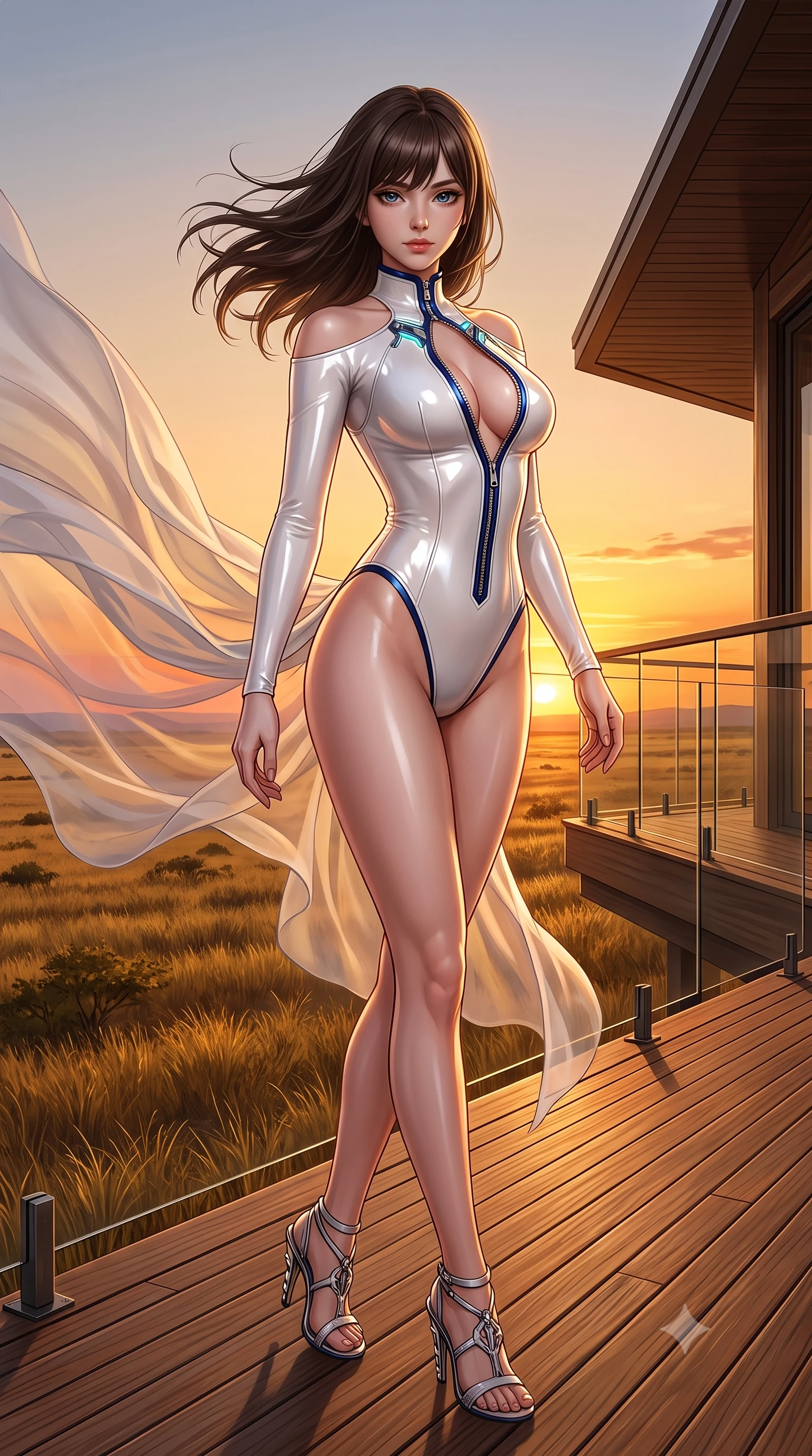 score_9, masterpiece, best quality, ultra-detailed, high-budget anime keyframe, semi-realistic 3D game render, editorial fashion photography, tasteful artistic composition, Korean woman. low angle full-body shot from head to toe showing her feet, filling the entire 9:16 vertical frame with her statuesque presence, stretching her vertical silhouette. pivoting dynamically in mid-motion with a breathtakingly alluring posture, displaying her flawless model proportions and ultra-slim waist while standing with sovereign grace on a teak viewing deck as golden evening winds billow her sheer chiffon drapes against the sunset. The surrounding environment is rendered in vivid detail and crisp panoramic clarity. detailed golden savannah grass textures, burning sunset horizon gradients, and modern lodge glass in high clarity. She has an absolutely perfect, statuesque 8.5-heads proportion, an exceptionally tall and slender model-like female figure with impossibly long slender legs, a toned flat midriff, and an ultra-slim waist. sharp v-shaped jawline, high-bridge nose, intricate jewel-like eyes with depth, thick eyelashes, glossy lips with a natural sheen, flawlessly proportioned anatomical accuracy, strict slender model proportions, natural body alignment, perfectly sculpted long slender limbs, ultra-slim waistline, clean dynamic posture without body distortion. wearing a glossy white second-skin latex bodysuit with high-thigh cuts, exposed clavicle neckline, and gleaming zipper details in deep royal navy blue and specular chrome, made of smooth iridescent silk chiffon that shifts colors with movement, featuring a dangerously unzipped neckline framed by glowing cybernetic accents, the liquid-tight tailored fabric emphasizing every curve of her tall, slender model proportions and sculptured silhouette during dynamic movement. illuminated by crisp golden rim highlights sharply defining her ultra-slim waist, long legs, and flat midriff. highly saturated vibrant anime colors, detailed shading with soft gradients, rich glossy textures, high-contrast stereoscopic depth, volumetric dynamic lighting, master piece, 9:16 ratio