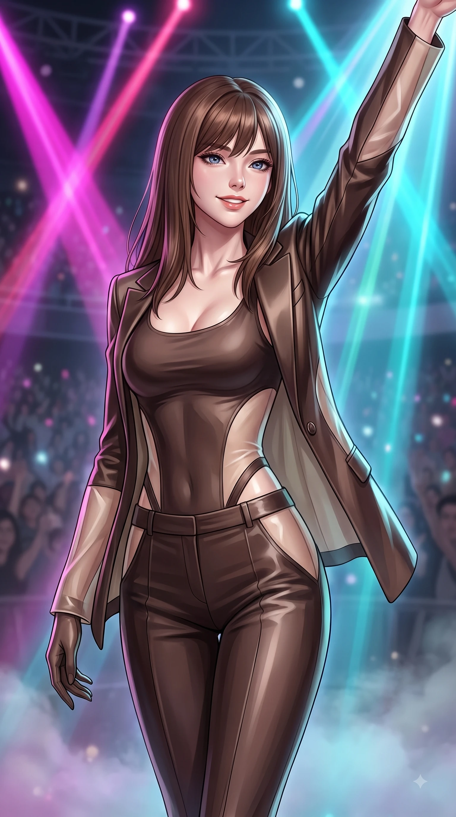 score_9, masterpiece, best quality, ultra-detailed, high-budget anime keyframe, editorial fashion photography, tasteful artistic composition, Korean woman. close-up cowboy shot from the waist and thighs up, the character dominates the composition, filling the frame with her large presence, background elements kept in soft focus. Extending one arm in an elegant stretch toward the light while smiling with magnetic self-assurance while holding a powerful, seductive stage pose under intense laser beams on a stadium concert stage, intense volumetric laser beams cutting through stage fog in magenta and cyan. She has an exceptionally elegant, slender, and willowy female figure with an ultra-slim waist, a gracefully sculpted slender torso, and a refined silhouette. sharp v-shaped jawline, high-bridge nose, intricate jewel-like eyes with depth, thick eyelashes, glossy lips with a natural sheen, flawlessly proportioned anatomical accuracy, natural body alignment, perfectly sculpted elegant limbs, clean dynamic posture without body distortion. wearing a tailored silk blazer over a form-contouring scoop-neck top and slacks in espresso brown and warm cream, woven from fine semi-opaque sheer organza, featuring clean architectural cutouts along her slender torso, the glove-like fit emphasizing her statuesque silhouette during motion. surrounded by an electric, high-energy performer aura with sharp shadows. ultra-reflective glossy finish, specular highlights, metallic sheen, high-contrast stereoscopic depth, volumetric dynamic lighting, 2k, ultra detail, master piece, 9:16 ratio