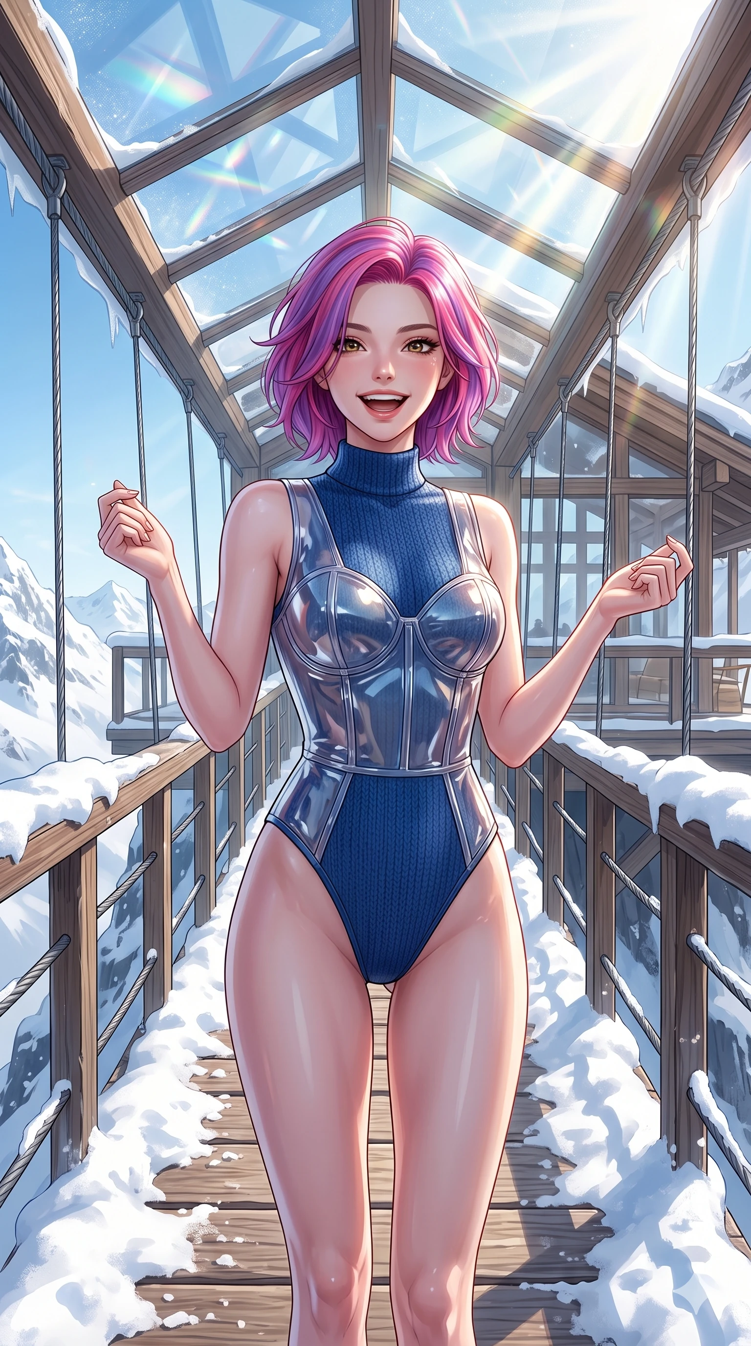 score_9, masterpiece, best quality, ultra-detailed, high-budget anime keyframe, vibrant anime aesthetic, Caucasian woman, strictly human ears. cowboy shot from the thighs up, character and outfit filling the frame for maximum presence. She is posing with a cheerful winter laugh, looking directly into the lens with warm eyes in snow on a wooden suspension bridge under clear winter sky (Code-P21-182). She has an absolutely perfect 8-heads proportion, an exceptionally tall and slender female figure with impossibly long slender legs and an ultra-slim waist. V-shaped jawline, high-bridge nose, intricate jewel-like eyes with depth, thick eyelashes, glossy lips with a natural sheen. wearing a translucent patent-gloss structured bodice over a blue textured knit suit in winter. She is drenched in brilliant winter sunbeams filtering through the glass roof of the ski chalet lounge. 2k, ultra detail, master piece, 9:16 ratio