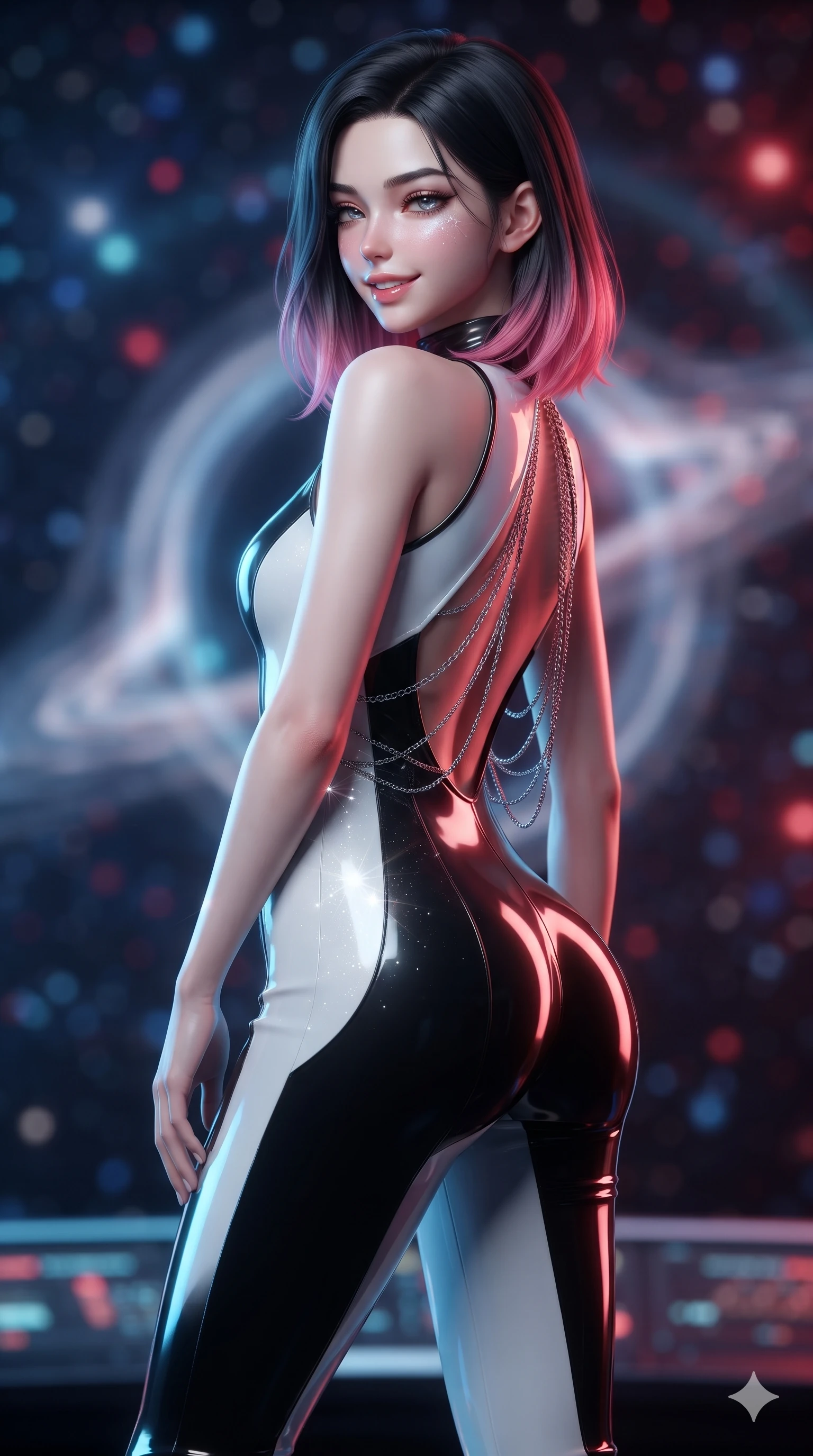 score_9, masterpiece, best quality, ultra-detailed, high-budget anime keyframe, editorial fashion photography, tasteful artistic composition, Korean woman. close-up cowboy shot from the waist and thighs up, the character dominates the composition, filling the frame with her large presence. posing in an alluring rear three-quarter angle, looking over a bare shoulder with heavy-lidded sparkling eyes, her hips cocked back to highlight her slim hourglass curve while standing poised on the central instrumentation dais, arching her spine with sovereign ancient-future grace as relativistic blue-shifted light on one side and red-shifted light on the other illuminate her body. The background shows a soft-focus warped gravitational lensing rings, blue and crimson Doppler-shifted plasma waves, and distant star clusters blurred into sapphire, ruby, and obsidian bokeh. She has an exceptionally elegant, slender, and willowy female figure with an ultra-slim waist, flat toned midriff, narrow ribcage, and sculpted feminine hips creating an alluring, slim hourglass silhouette without bulk. sharp v-shaped jawline, high-bridge nose, intricate jewel-like sparkling eyes with depth, thick eyelashes, glossy parted lips with a natural sheen, bright confident smile with an enchanting and coquettish sensual glint, exuding both youthful magnetic charm and sovereign high-tech allure, flawlessly proportioned anatomical accuracy, strict slender model proportions, natural body alignment, perfectly sculpted long slender limbs, ultra-slim waistline, clean dynamic posture without body distortion. wearing a body-contouring high-neck metallic cyber-jersey jumpsuit casting radiant starlight shimmer across her flat midriff in dual-tone high-contrast monochrome black and stark white, tailored from ultra-reflective glossy liquid vinyl with mirror-like specular highlights, accented with an open-back drape framed by falling strands of delicate chrome chains, the form-fitting tactical tailoring adhering flawlessly to her sculpted flat midriff and slender torso, emphasizing her long leg lines and perfectly proportioned willowy build. illuminated by polished floor bounce and sharp dual cyan-crimson rim lights defining her razor-sharp jawline, narrow waist, and curvy hips. ultra-reflective glossy finish, specular highlights, rich textural contrasts, high-contrast stereoscopic depth, volumetric dynamic lighting, 2k, ultra detail, master piece, 9:16 ratio