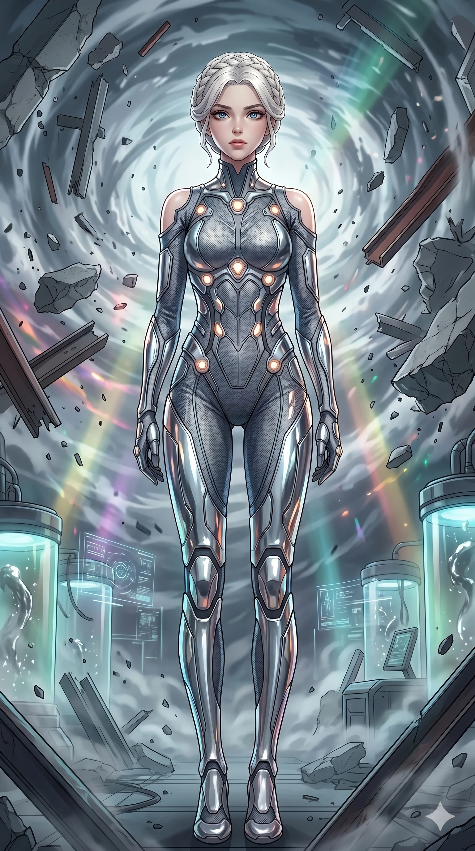 score_9, masterpiece, best quality, ultra-detailed, High-budget Anime Keyframe, vibrant colors, fluid line-art, expressive lighting, cinematic composition, Ufotable-style visual effects, top-tier animation quality, Korean woman with idol-like refined features. Dynamic full-body shot stretching the vertical silhouette, capturing her from a powerful low-angle perspective. Standing in the eye of a terrifying hurricane with absolute calm, the debris of a destroyed city circling her in a violent vortex. She has an well-proportioned figure, an tall and elegant figure with elegant legs and an graceful posture, her statuesque height and towering silhouette dominating the vertical 9:16 frame. Her face is a masterpiece featuring a sharp v-shaped jawline, high-bridge nose, intricate jewel-like eyes with depth, thick eyelashes, and glossy lips with a natural sheen. She is wearing a detailed fabric catsuit with strategically placed armor plating and glowing energy nodes crafted from Molten liquid mercury that flows and reflects the environment with metallic perfection, boasting shoulder cut-outs and a glowing spinal interface visible through the back. The scene is set in a high-tech research laboratory with glowing glass tanks and complex holographic interfaces, illuminated by volumetric light beams cutting through a hazy atmosphere, creating a sense of depth. 2k, ultra detail, master piece, 9:16 ratio