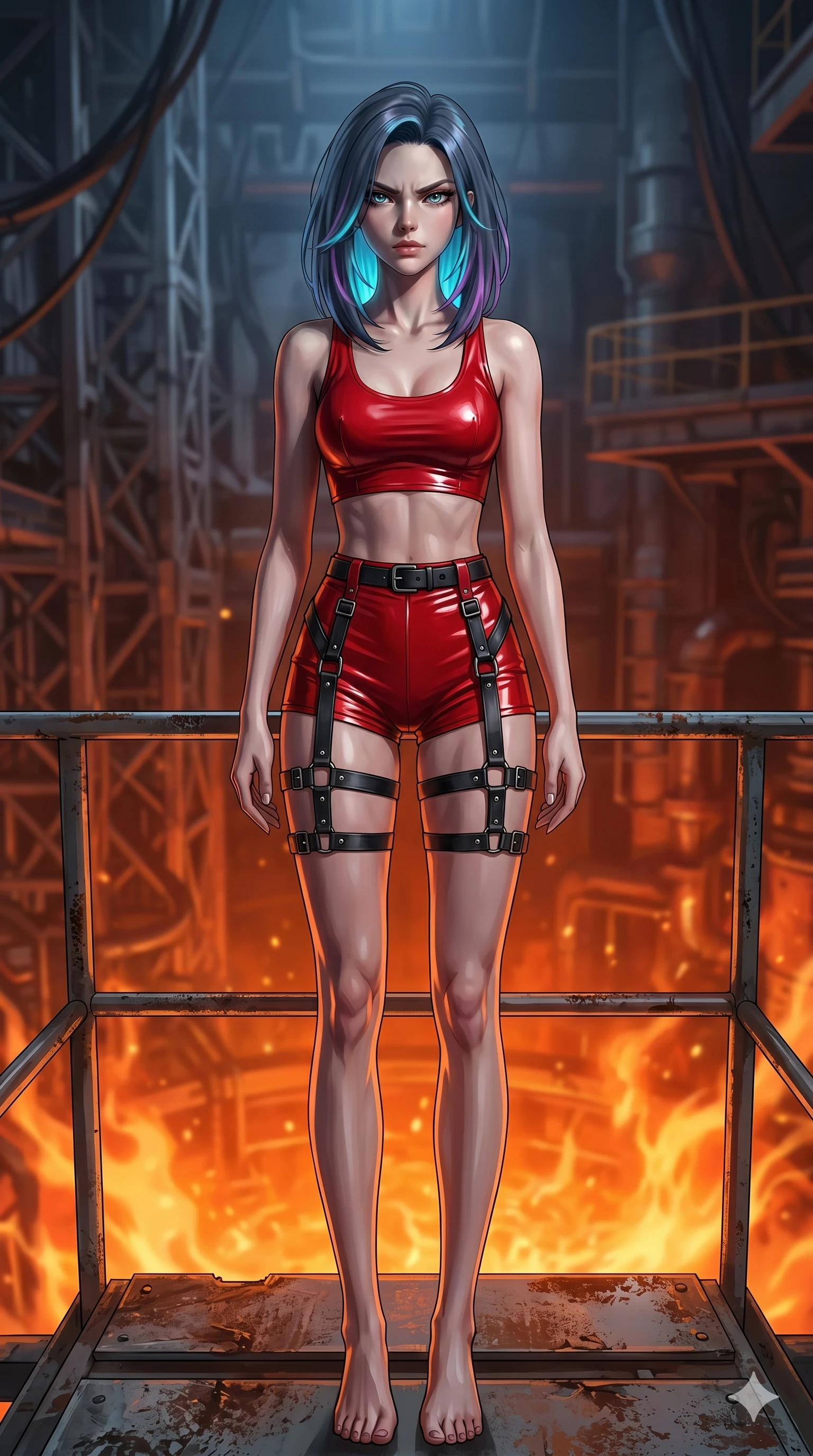 score_9, masterpiece, best quality, ultra-detailed, high-budget anime keyframe, editorial fashion photography, tasteful artistic composition, Caucasian woman, strictly human ears. cowboy shot from the thighs up, character and outfit filling the frame for maximum editorial presence. looking down at the viewer with an angry, cold look of absolute contempt and defiance on a metallic platform suspended over a boiling reactor core of orange plasma (Scenario Code A-16). She has an absolutely perfect 8-heads proportion, an exceptionally tall and slender female figure with impossibly long slender legs and an ultra-slim waist. V-shaped jawline, high-bridge nose, intricate jewel-like eyes with depth, thick eyelashes, glossy lips with a natural sheen. wearing a skin-tight red vinyl crop top and high-waisted shorts with a thigh-high leather harness. illuminated by the fierce orange glow of fires, casting long dramatic shadows. 2k, ultra detail, master piece, 9:16 ratio