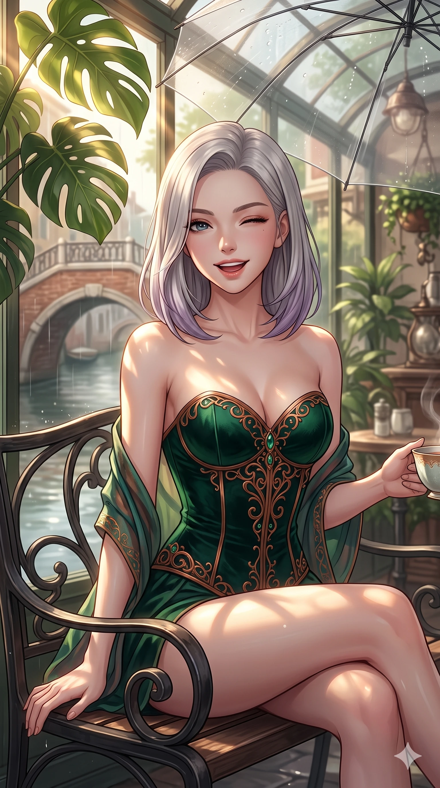 score_9, masterpiece, best quality, ultra-detailed, high-budget anime keyframe, vibrant anime aesthetic, Caucasian woman, strictly human ears. close-up cowboy shot from the waist and thighs up, the character dominates the composition, filling the frame with her large presence, background elements kept in soft focus. She is sitting on a vintage bench, winking with a playful and bright expression, her eyes shining with genuine joy with a lively, expressive stance. the background shows a soft-focus vintage brick arch bridge over a quiet canal, under a clear umbrella during a soft drizzle (Code-P22-160). She has an absolutely perfect proportion, an exceptionally elegant and slender female figure with an ultra-slim waist. V-shaped jawline, high-bridge nose, intricate jewel-like eyes with depth, thick eyelashes, glossy lips with a natural sheen. wearing a structured velvet bodice with a sweetheart neckline combined with a delicate wrap in dark emerald and copper details. She is drenched in warm, golden afternoon sunbeams filtering through dense green monstera leaves, creating a cinematic, high-budget anime lighting effect inside the retro conservatory cafe. 2k, ultra detail, master piece, 9:16 ratio