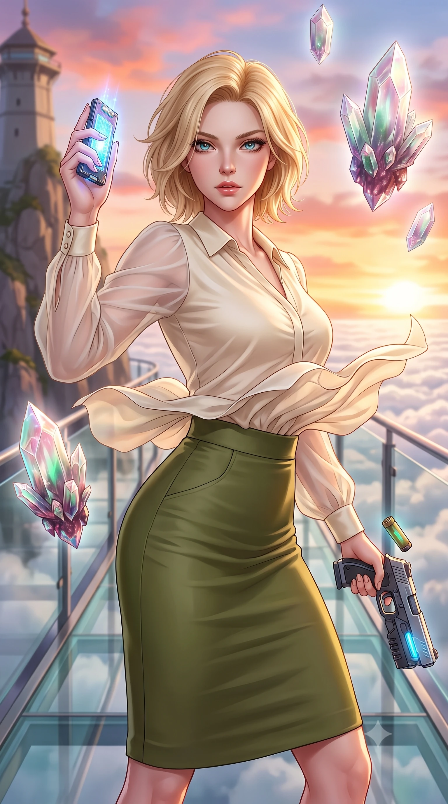 score_9, masterpiece, best quality, ultra-detailed, high-budget anime keyframe, editorial fashion photography, tasteful artistic composition, Caucasian woman, strictly human ears. close-up cowboy shot from the waist and thighs up, the character dominates the composition, filling the frame with her large presence, background elements kept in soft focus. Holding a glowing data drive aloft while reloading a futuristic plasma pistol, ready for the next wave. set against a soft-focus background of a glass walkway extending out from a mountain peak tower, looking down on a sea of white clouds at sunrise. She has an exceptionally elegant and slender, willowy female figure with an ultra-slim waist, a gracefully sculpted slender torso, and a refined slim physique. sharp v-shaped jawline, high-bridge nose, intricate jewel-like eyes with depth, thick eyelashes, glossy lips with a natural sheen. wearing the lightweight fabric rippling and billowing dramatically with her movement, a tailored cream silk blouse with sheer chiffon sleeves, tucked into a high-waisted olive green pencil skirt. highly saturated vibrant anime colors, intense vivid color palette, soft 3D volumetric shading, volumetric dynamic lighting, ethereal pearlescent light emanating from floating crystalline formations all around. 2k, ultra detail, master piece, 9:16 ratio