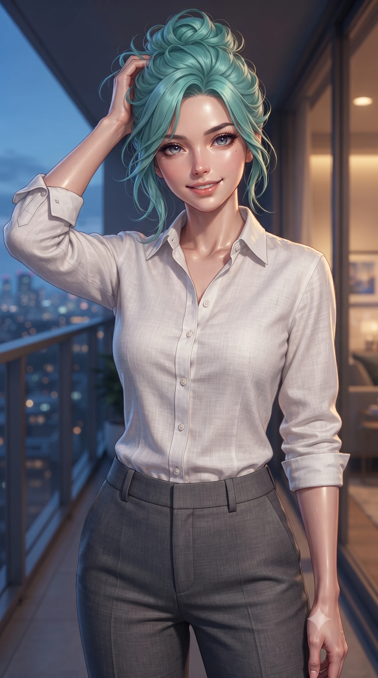 score_9, masterpiece, best quality, ultra-detailed, high-budget anime keyframe, editorial fashion photography, tasteful artistic composition, Japanese woman woman. close-up cowboy shot from the waist and thighs up, the character dominates the composition, filling the frame with her large presence, background elements kept in soft focus. smiling with quiet, magnetic self-assurance directly into the camera, running a hand through her hair the background shows a soft-focus a modern apartment balcony overlooking a distant glittering city skyline at dusk. She has an exceptionally elegant, slender, and willowy female figure with an ultra-slim waist, a gracefully sculpted slender torso, and a refined silhouette. sharp v-shaped jawline, high-bridge nose, intricate jewel-like eyes with depth, thick eyelashes, glossy lips with a natural sheen. wearing a slim-fit classic white linen button-down shirt over charcoal grey trousers. the cool blue twilight sky contrasting with the warm golden lights of the room inside. ultra-reflective glossy finish, specular highlights, metallic sheen, high-contrast stereoscopic depth, volumetric dynamic lighting, 2k, ultra detail, master piece, 9:16 ratio