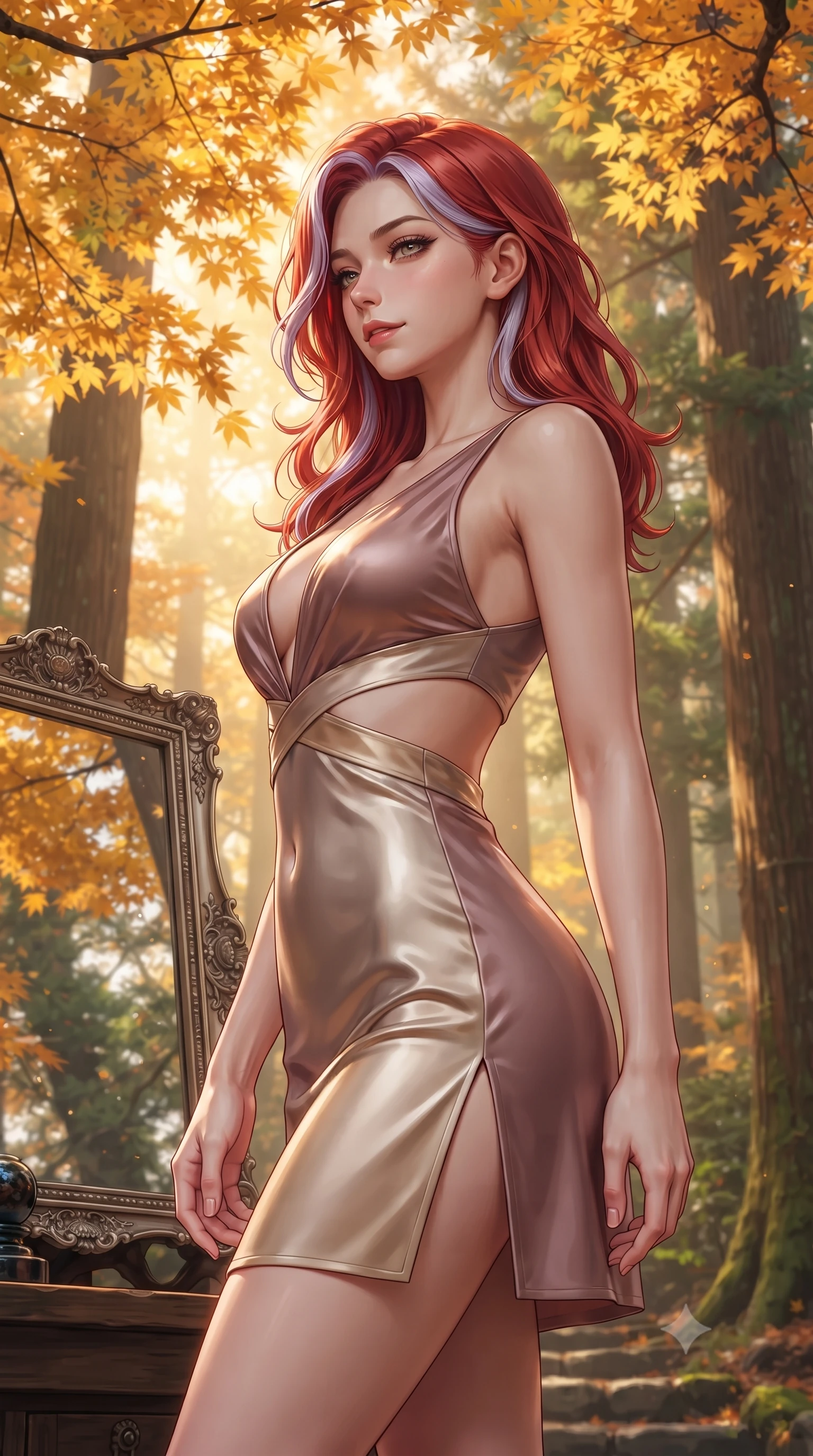 score_9, masterpiece, best quality, ultra-detailed, high-budget anime keyframe, editorial fashion photography, tasteful artistic composition, Caucasian woman. close-up cowboy shot from the waist and thighs up, the character dominates the composition, filling the frame with her large presence, background elements kept in soft focus. Glancing sidelong over her shoulder with a smoldering half-smile and heavy lashes resting near a sacred mirror altar under a canopy of golden autumn maple leaves, morning fog scattering golden sunlight through towering cedar trees. She has an exceptionally elegant, slender, and willowy female figure with an ultra-slim waist, a gracefully sculpted slender torso, and a refined silhouette. sharp v-shaped jawline, high-bridge nose, intricate jewel-like eyes with depth, thick eyelashes, glossy lips with a natural sheen. wearing a liquid mercury gloss mini dress with ultra-deep V-neck and waist cutouts in dusty rose and champagne gold, crafted from smooth liquid silk, finished with a sleek side slit ascending to mid-thigh, the sleek second-skin texture accentuating her magnetic presence. surrounded by a tranquil, spiritual aura with rich red and green contrast. highly saturated vibrant anime colors, detailed shading with soft gradients, rich glossy textures, high-contrast stereoscopic depth, volumetric dynamic lighting, master piece, 9:16 ratio
