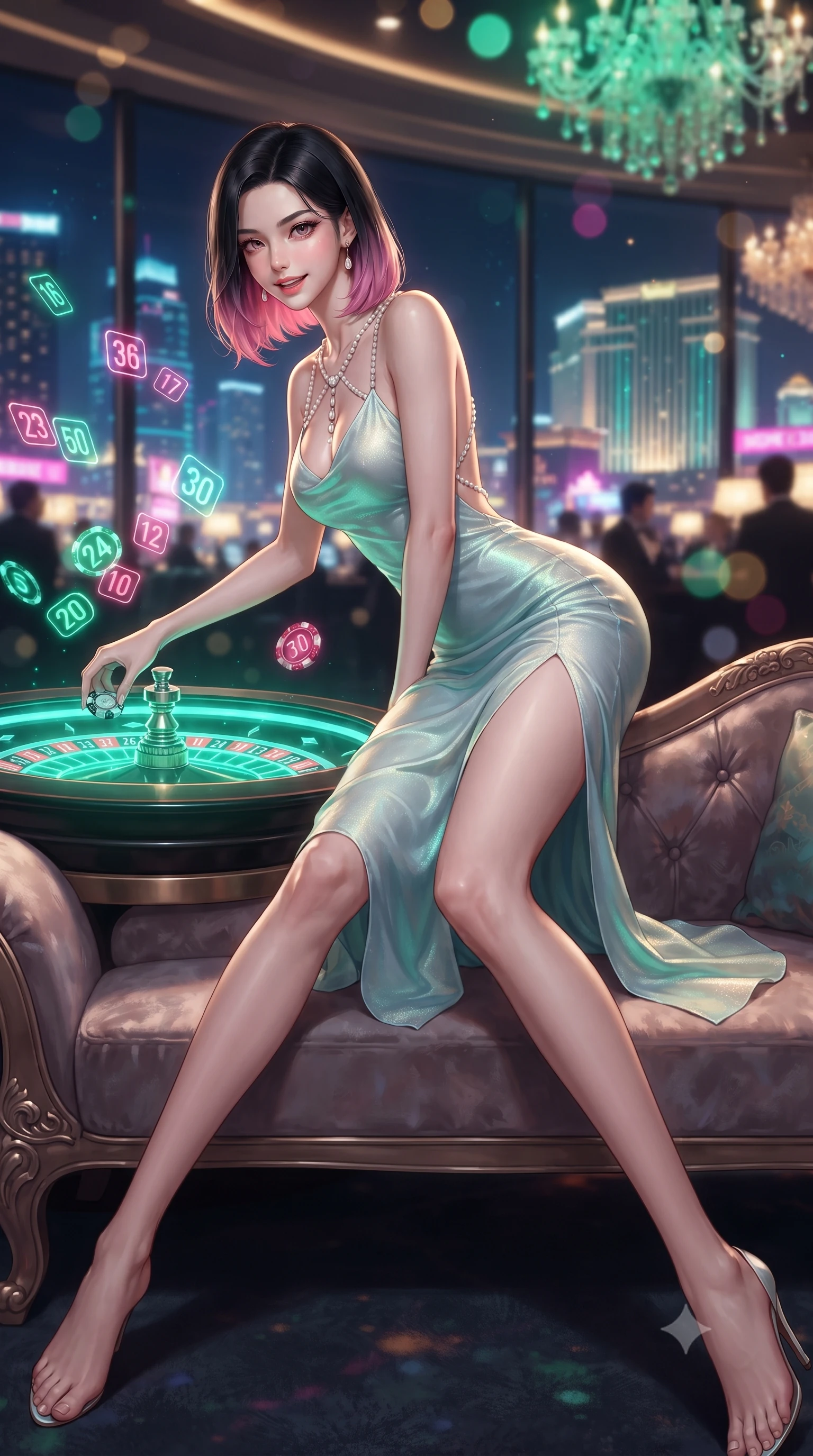 score_9, masterpiece, best quality, ultra-detailed, high-budget anime keyframe, editorial fashion photography, tasteful artistic composition, Korean woman. low angle full-body shot from head to toe showing her feet, filling the entire 9:16 vertical frame with her statuesque presence, stretching her vertical silhouette. reclining gracefully across the plush chaise lounge with one leg extended, her sculpted silhouette and flat midriff radiating magnetic nocturnal glamour while leaning over the glowing emerald roulette wheel while arching her lower back to accentuate her curvy hips, placing a high-stakes platinum chip. The background shows a soft-focus floating neon holographic roulette numbers, towering mega-resort neon facades outside, and crystal chandeliers blurred into emerald, magenta, and gold bokeh. She has an absolutely perfect, statuesque 8.5-heads proportion, an exceptionally tall and slender model-like female figure with impossibly long slender legs, an ultra-slim waist, a flat toned midriff, narrow delicate ribcage, and beautifully sculpted feminine hips creating a graceful, slim hourglass silhouette without any bulky heaviness. sharp v-shaped jawline, high-bridge nose, sparkling eyes with hypnotic seductive depth, thick curled eyelashes, glossy parted lips with a natural dewy peach sheen, alluring bedroom-eyes with an enchanting coquettish smile, exuding magnetic siren charisma and sophisticated glamour, flawlessly proportioned anatomical accuracy, strict slender model proportions, natural body alignment, perfectly sculpted long slender limbs, ultra-slim waistline, clean dynamic posture without body distortion. wearing a form-contouring gossamer silk chiffon slip dress with a hip-high slit and open back, clinging smoothly with dewy moisture in celestial water-lily white and shimmering aquamarine, tailored from fine breathable linen with soft natural texture and elegant drape, finished with a pearl-drop body harness subtly framing her dewy collarbones and spine, the precision-cut side openings and low-back scoop framing her graceful spine and the sensual sweep of her slim, toned hips. illuminated by city skyline neon reflections and sharp warm-gold rim lights sculpting her razor-sharp jawline, narrow waist, and curvy hips. ultra-reflective glossy finish, specular highlights, rich textural contrasts, high-contrast stereoscopic depth, volumetric dynamic lighting, 2k, ultra detail, master piece, 9:16 ratio