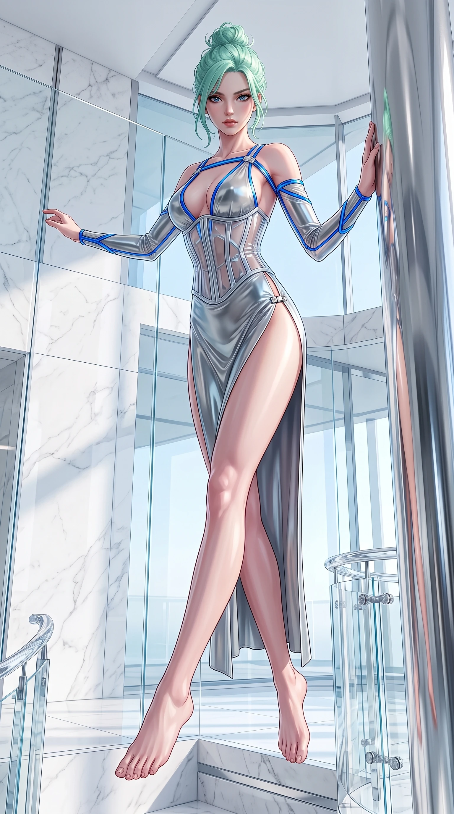 score_9, masterpiece, best quality, ultra-detailed, high-budget anime keyframe, semi-realistic 3D game render, editorial fashion photography, tasteful artistic composition, Japanese woman. low angle full-body shot from head to toe showing her feet, filling the entire 9:16 vertical frame with her statuesque presence, stretching her vertical silhouette. performing an alluring mid-air vault with flawless poise, looking directly into the camera with smoldering intensity while leaning against a polished chrome architectural column with a confident, smoldering editorial gaze. The surrounding environment is rendered in vivid detail and crisp panoramic clarity. crisp architectural white marble seams, polished chrome fixtures, and crystal glass railings in deep focus. She has an absolutely perfect, statuesque 8.5-heads proportion, an exceptionally tall and slender model-like female figure with impossibly long slender legs, a toned flat midriff, and an ultra-slim waist. sharp v-shaped jawline, high-bridge nose, intricate jewel-like eyes with depth, thick eyelashes, glossy lips with a natural sheen, flawlessly proportioned anatomical accuracy, strict slender model proportions, natural body alignment, perfectly sculpted long slender limbs, ultra-slim waistline, clean dynamic posture without body distortion. wearing a translucent cybernetic corset in semi-opaque structured vinyl, combined with detached sleeves and a deep-plunging neckline secured by glowing micro-straps in liquid electric cobalt blue and polished silver, made of liquid metal jersey that clings flawlessly to every contour of her build, finished with an ultra-high side slit secured by miniature magnetic clasps, the form-contouring material adhering flawlessly to her sculpted flat midriff and slender torso, emphasizing her long leg lines and perfectly proportioned willowy build. bathed in bright, clean high-key natural sunlight flooding through panoramic glass walls. highly saturated vibrant anime colors, detailed shading with soft gradients, rich glossy textures, high-contrast stereoscopic depth, volumetric dynamic lighting, master piece, 9:16 ratio