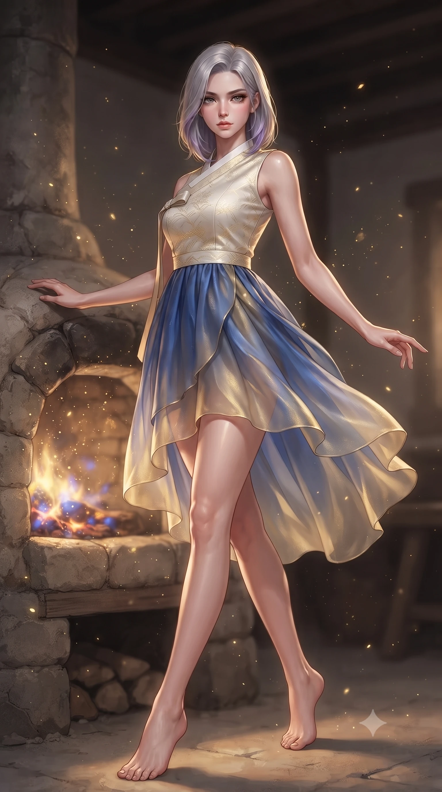 score_9, masterpiece, best quality, ultra-detailed, high-budget anime keyframe, editorial fashion photography, tasteful artistic composition, Caucasian woman. low angle full-body shot from head to toe showing her feet, filling the entire 9:16 vertical frame with her statuesque presence, stretching her vertical silhouette. navigating the luminous space with effortless poise, displaying her perfect model proportions resting near a stone kiln emitting soft warm golden and sapphire embers, floating golden dust motes sparkling in the warm workshop air. She has an absolutely perfect, statuesque 8.5-heads proportion, an exceptionally tall and slender model-like female figure with impossibly long slender legs and an ultra-slim waist. sharp v-shaped jawline, high-bridge nose, intricate jewel-like eyes with depth, thick eyelashes, glossy lips with a natural sheen. wearing a modern fusion silk hanbok dress with a structured bodice and flowing chiffon skirt, the sleek second-skin texture accentuating her magnetic presence. lit by soft warm hearth light with sharp gold specular highlights. ultra-reflective glossy finish, specular highlights, metallic sheen, high-contrast stereoscopic depth, volumetric dynamic lighting, 2k, ultra detail, master piece, 9:16 ratio