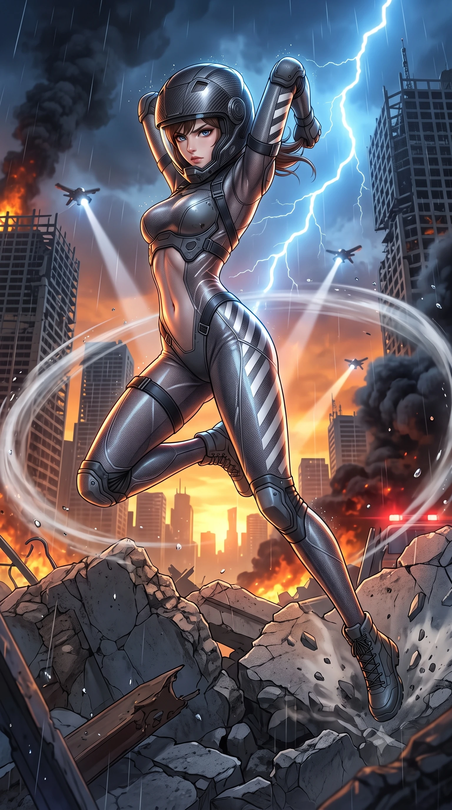 score_9, masterpiece, best quality, ultra-detailed, high-budget anime keyframe, semi-realistic 3D game render, editorial fashion photography, tasteful artistic composition, Korean woman. low angle full-body shot from head to toe showing her feet, filling the entire 9:16 vertical frame with her statuesque presence, stretching her vertical silhouette. leaping into mid-air with an athletic yet alluring arch of her spine, driving a downward kinetic strike surrounded by a ring of displaced air while pivoting dynamically on crumbling concrete rubble as black smoke plumes and distant emergency fires illuminate her statuesque silhouette. The surrounding environment is rendered in vivid detail and crisp panoramic clarity. detailed skyscraper skeleton lattices, distant war-drone searchlights, and rain droplet beads in high clarity. She has an absolutely perfect, statuesque 8.5-heads proportion, an exceptionally tall and slender model-like female figure with impossibly long slender legs, a toned flat midriff, and an ultra-slim waist. sharp v-shaped jawline, high-bridge nose, intricate jewel-like eyes with depth, thick eyelashes, glossy lips with a natural sheen, fierce and resolute heroine expression, flawlessly proportioned anatomical accuracy, strict slender model proportions, natural body alignment, perfectly sculpted long slender limbs, ultra-slim waistline, clean dynamic posture without body distortion. wearing an open-face aerodynamic carbon-fiber combat helmet with a retracted transparent holographic HUD visor framing her sharp jawline and jewel-like eyes, paired with a tailored tactical combat jumpsuit with an open-back harness design, reinforced composite breastplate, and high-mobility elbow dampers in storm-grey carbon mesh with high-contrast white hazard stripes, crafted from semi-translucent cybernetic carbon-vinyl interwoven with glowing micro-filaments, reinforced by a heavy-duty titanium tactical harness and glowing micro-energy status straps, the glove-like aerodynamic second-skin fit tightly clinging to her ultra-slender waist and athletic curves without adding bulk, accentuating her razor-sharp statuesque lines and slim hourglass silhouette. bathed in ominous amber horizon fire glow and cold blue storm lightning flashes. rich saturated anime colors with glowing neon highlights, detailed shading with soft gradients, rich glossy textures, high-contrast stereoscopic depth, volumetric dynamic lighting, master piece, 9:16 ratio