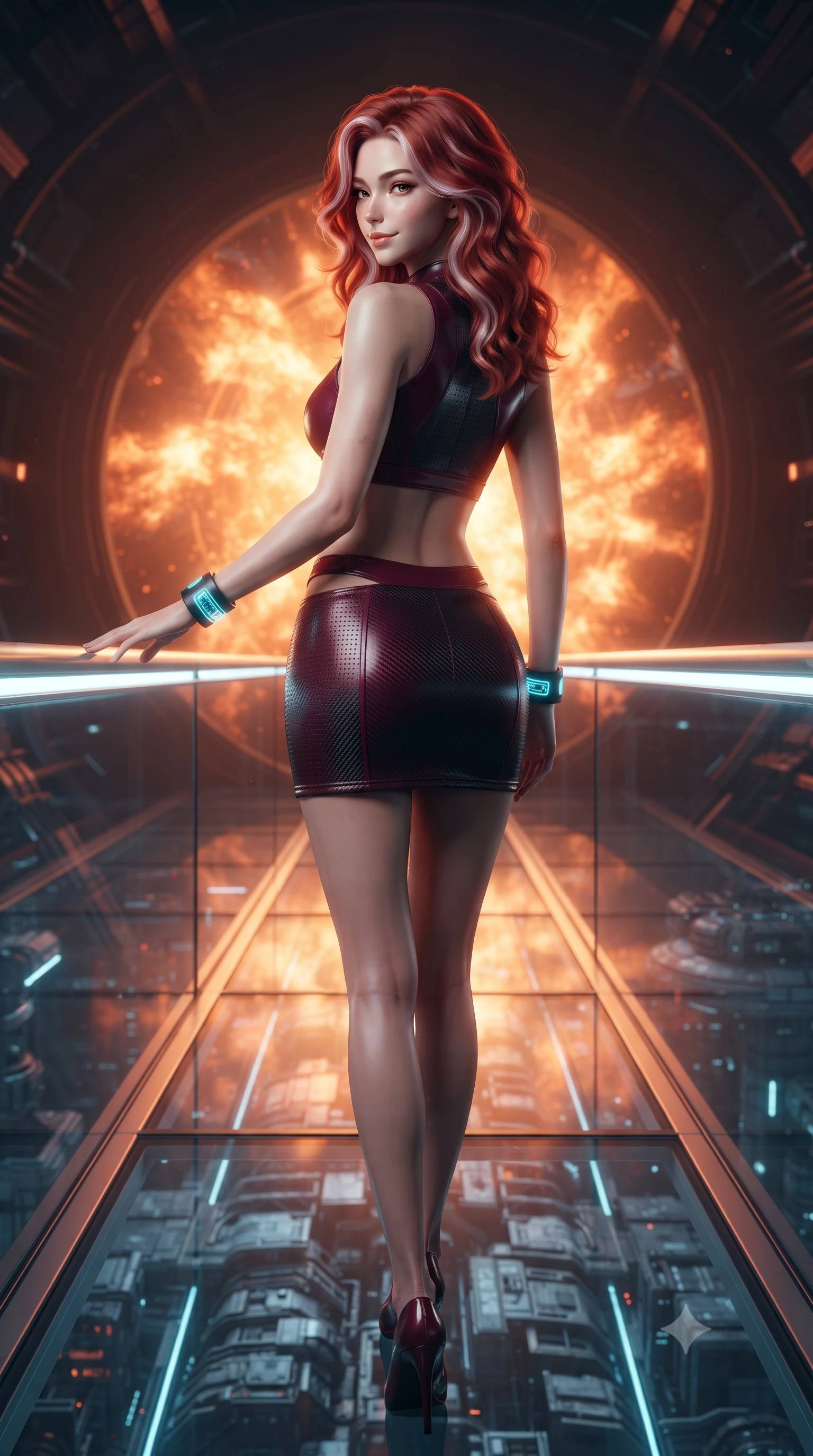 score_9, masterpiece, best quality, ultra-detailed, high-budget anime keyframe, editorial fashion photography, tasteful artistic composition, Caucasian woman. low angle full-body shot from head to toe showing her feet, filling the entire 9:16 vertical frame with her statuesque presence, stretching her vertical silhouette. walking slowly along the transparent glass skybridge, looking back over her shoulder with an air of effortless grace and an alluring, smoldering smile while standing in a tall confident posture with one hand on a glowing metal railing, stretching her statuesque body as the pulsating orange fusion core flares behind. The surrounding environment is rendered in vivid detail and crisp panoramic clarity: detailed carbon suit weave, plasma specular reflections on armor plates, and starship engineering architecture in razor-sharp precision. She has an absolutely perfect, statuesque 8.5-heads proportion, an exceptionally tall and slender model-like female figure with impossibly long slender legs, an ultra-slim waist, a flat toned midriff, narrow delicate ribcage, and beautifully sculpted feminine hips creating a graceful, slim hourglass silhouette without any bulky heaviness. sharp v-shaped jawline, high-bridge nose, intricate jewel-like sparkling eyes with depth, thick eyelashes, glossy parted lips with a natural sheen, bright confident smile with an enchanting and coquettish sensual glint, exuding both youthful magnetic charm and sovereign high-tech allure, flawlessly proportioned anatomical accuracy, strict slender model proportions, natural body alignment, perfectly sculpted long slender limbs, ultra-slim waistline, clean dynamic posture without body distortion. wearing a body-hugging modern carbon-alloy crop top paired with a low-rise tactical skirt and a subtle waist cut-out in deep wine crimson and dark carbon weave, made of high-grade ballistic nylon with precision laser-cut perforations, featuring sleek glowing cyan HUD display wrist cuffs with floating data telemetry, the precision-cut side openings and low-back scoop framing her graceful spine and the sensual sweep of her slim, toned hips. bathed in shifting orange and white plasma flares casting high-contrast chiaroscuro shadows. ultra-reflective glossy finish, specular highlights, rich textural contrasts, high-contrast stereoscopic depth, volumetric dynamic lighting, 2k, ultra detail, master piece, 9:16 ratio