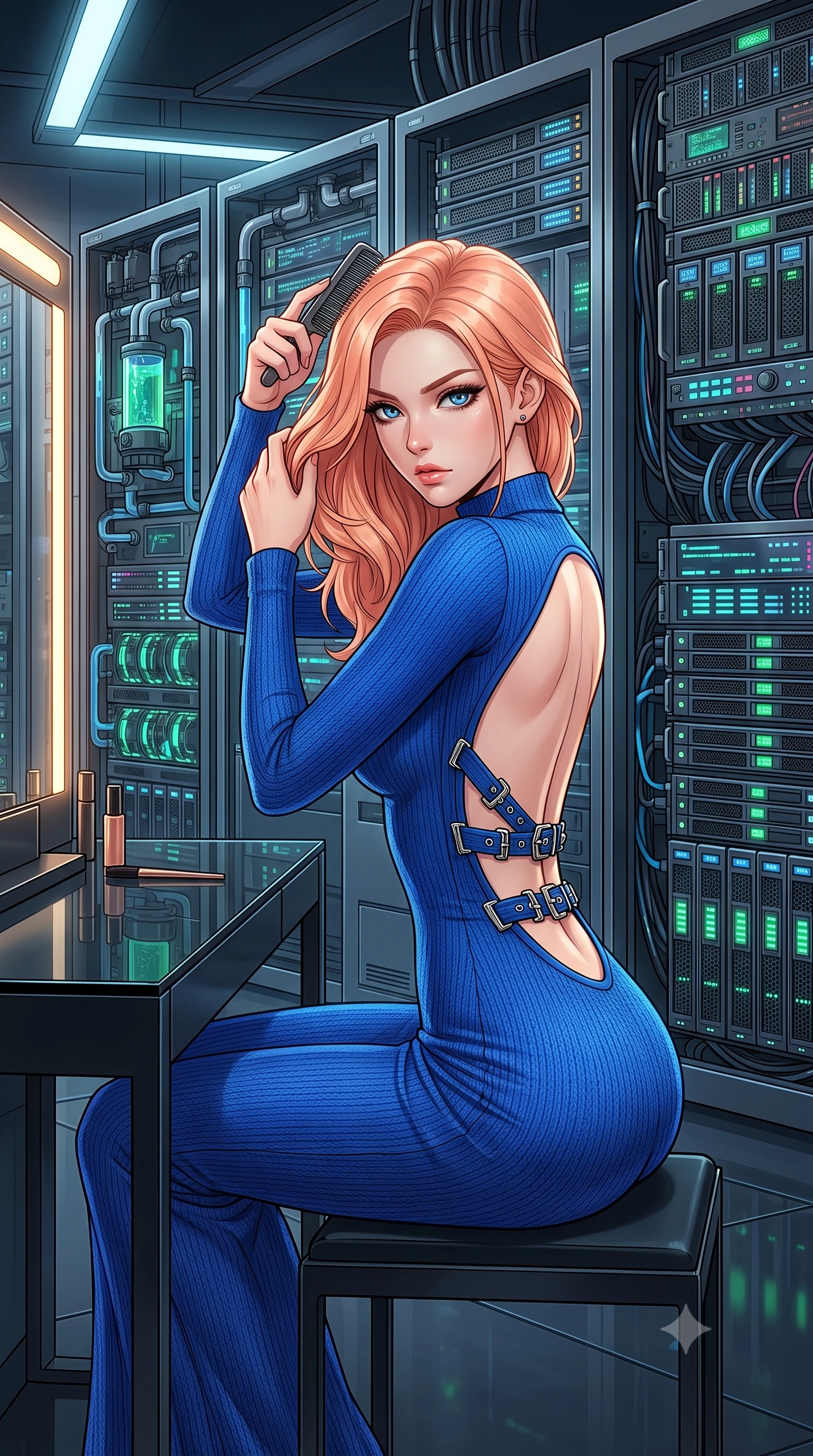 score_9, masterpiece, best quality, ultra-detailed, High-budget Anime Keyframe, East Asian woman. Dynamic full-body shot stretching the vertical silhouette to the limit. Scenario 410: brushing her hair while seated before a vanity of black glass in a high-tech laboratory with rows of water-cooled server racks. Her presence is magnetic and overpowering in this high-budget anime scene. Outfit 410: a body-hugging cobalt blue bodycon knit gown with a dramatic backless design and metallic buckles. The clothing is designed to emphasize her exceptionally tall and slender 8-heads proportion. 8-heads proportion, towering silhouette, ultra-slim waist. sharp v-shaped jawline, intricate jewel-like eyes with depth, thick eyelashes, glossy lips. 2k, ultra detail, master piece, 9:16 ratio