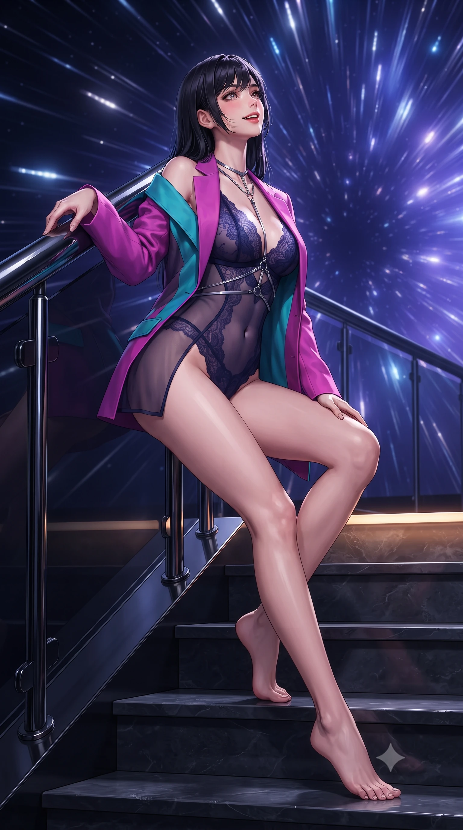 score_9, masterpiece, best quality, ultra-detailed, high-budget anime keyframe, editorial fashion photography, tasteful artistic composition, Caucasian woman. low angle full-body shot from head to toe showing her feet, filling the entire 9:16 vertical frame with her statuesque presence, stretching her vertical silhouette. sitting poised on the stone steps with one knee bent, arching her spine with supermodel elegance as she glances upward through thick eyelashes while leaning against the black chrome balustrade with hips cocked back, looking through the deep indigo void at the shimmering hyperspace warp gate with intoxicating smoldering bedroom-eyes. The surrounding environment is rendered in vivid detail and crisp panoramic clarity: sharp black chrome balustrade reflections, crisp fleet formation beacon strobes, and razor-sharp hyperspace ring nodes in deep focus. She has an exceptionally tall and slender model-like 8.5-heads proportion, an ultra-slim waist, a flat toned midriff, narrow delicate ribcage, and beautifully sculpted feminine hips creating a graceful, slim hourglass silhouette without any bulky heaviness, with impossibly long slender legs. sharp v-shaped jawline, high-bridge nose, intricate jewel-like sparkling eyes with depth, thick eyelashes, glossy parted lips with a natural peach sheen, bright cheerful beaming smile with an enchanting and coquettish sensual glint, exuding both youthful cute charm and seductive allure, flawlessly proportioned anatomical accuracy, strict slender model proportions, natural body alignment, perfectly sculpted long slender limbs, ultra-slim waistline, clean dynamic posture without body distortion. wearing a delicate sheer French Chantilly lace teddy layered under an open tailored tactical combat blazer draped over bare shoulders in Kowloon neon magenta and electric teal, featuring strategic sheer-illusion tulle side panels framing her ribcage and hips, accented with a chrome-drop body harness subtly framing her dewy collarbones and spine, the high-slit wrap tailoring accentuating her ultra-slim waistline and the enchanting curve of her feminine hips with alluring seductive charm. bathed in the mystical indigo luminescence of the hyperspace gate mixed with warm 2800K balcony edge lighting. ultra-reflective glossy finish, specular highlights, rich textural contrasts, high-contrast stereoscopic depth, volumetric dynamic lighting, 2k, ultra detail, master piece, 9:16 ratio