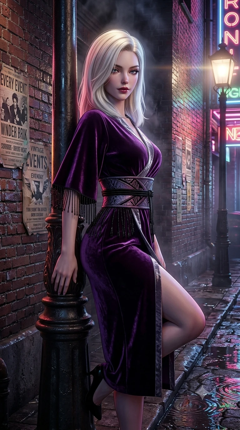 score_9, masterpiece, best quality, ultra-detailed, high-budget anime keyframe, semi-realistic 3D game render, editorial fashion photography, tasteful artistic composition, Caucasian woman. close-up cowboy shot from the waist and thighs up, the character dominates the composition, filling the frame with her large presence. leaning against a historic cast-iron lamppost with one knee bent, night mist drifting through her hair as her dark outfit traces her feminine curves while stepping forward out of the misty alley shadows with hypnotic poise, hips swaying in an alluring supermodel rhythm. The surrounding environment is rendered in vivid detail and crisp panoramic clarity: sharp wet brick texture, peeling vintage event posters, and puddle splash ripples in deep focus. She has an exceptionally elegant, slender, and willowy female figure with an ultra-slim waist, flat toned midriff, narrow ribcage, and sculpted feminine hips creating an alluring, slim hourglass silhouette without bulk. sharp v-shaped jawline, high-bridge nose, intricate jewel-like dark sparkling eyes with dangerous depth, thick curled eyelashes, glossy parted lips with a rich wine sheen, smoldering seductive half-smile with bedroom-eyes, exuding effortless superiority and intoxicating dark allure, flawlessly proportioned anatomical accuracy, strict slender model proportions, natural body alignment, perfectly sculpted long slender limbs, ultra-slim waistline, clean dynamic posture without body distortion. wearing a tailored minimalist kimono-sleeve silk crepe midi dress with structured obi-inspired belt in royal amaranth purple and liquid platinum, tailored from crushed dark velvet with deep light-absorbing plush texture, accented with fine jet-black beaded tassels that sway with each movement, the bespoke structured tailoring following the natural line of her 8.5-heads silhouette with refined elegance. bathed in high-saturation multi-hued neon reflections bouncing off wet alley walls and glistening skin. highly saturated vibrant anime colors, detailed shading with soft gradients, rich glossy textures, high-contrast stereoscopic depth, volumetric dynamic lighting, master piece, 9:16 ratio