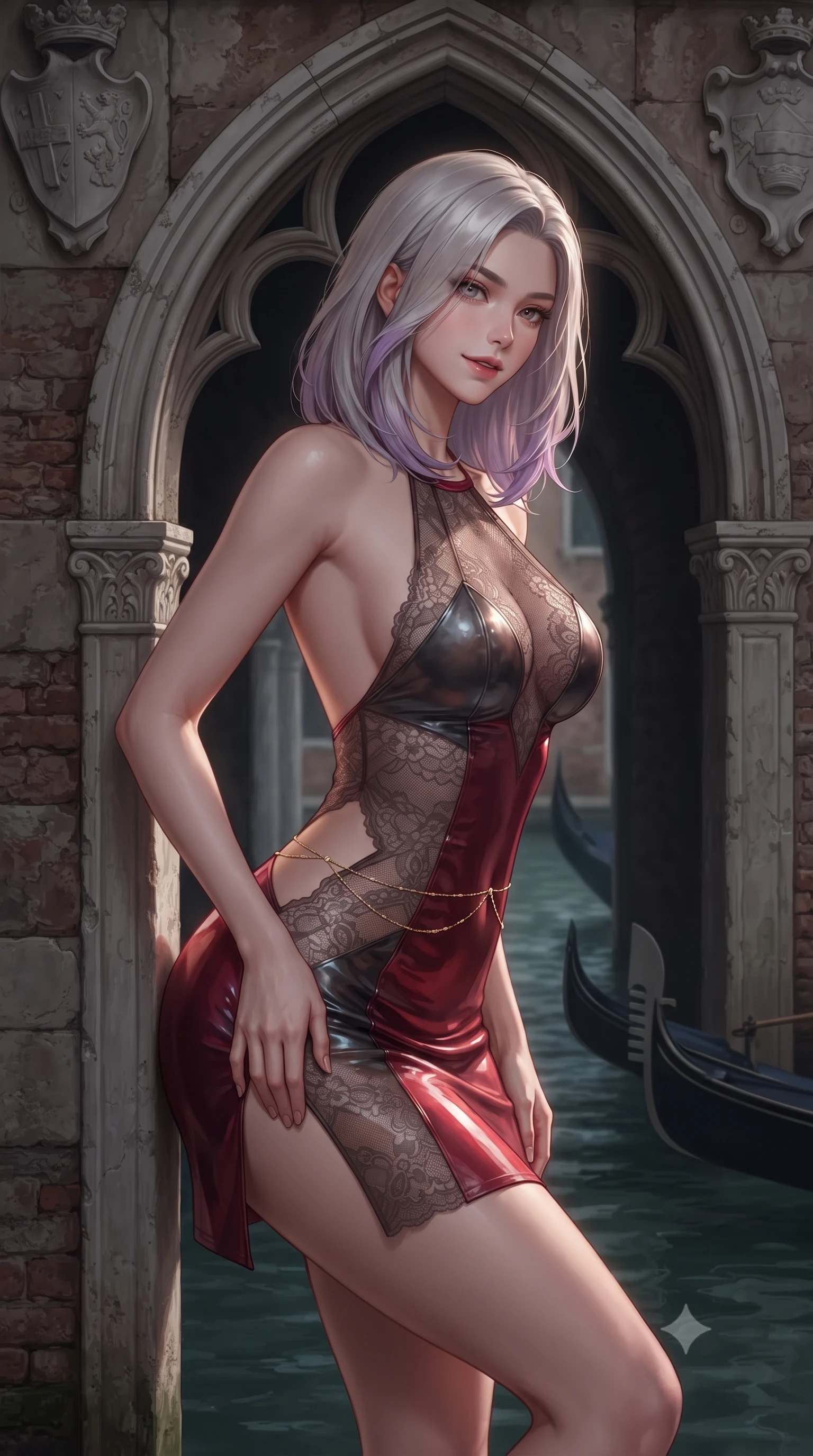 score_9, masterpiece, best quality, ultra-detailed, high-budget anime keyframe, editorial fashion photography, tasteful artistic composition, Caucasian woman. close-up cowboy shot from the waist and thighs up, the character dominates the composition, filling the frame with her large presence. tilting her head with a teasing half-smile, running one hand slowly down the side of her hip in a flirtatious S-curve as ambient light caresses her silhouette while leaning against the gothic pointed-arch stone portal with hips cocked back, looking over a bare shoulder toward passing gondolas. The surrounding environment is rendered in vivid detail and crisp panoramic clarity: sharp Istrian stone arch textures, ancient carved marble coat-of-arms, and water ripple meniscus in deep focus. She has an exceptionally elegant, slender, and willowy female figure with an ultra-slim waist, flat toned midriff, narrow ribcage, and sculpted feminine hips creating an alluring, slim hourglass silhouette without bulk. sharp v-shaped jawline, high-bridge nose, sparkling eyes with hypnotic seductive depth, thick curled eyelashes, glossy parted lips with a natural dewy peach sheen, alluring bedroom-eyes with an enchanting coquettish smile, exuding magnetic siren charisma and sophisticated glamour, flawlessly proportioned anatomical accuracy, strict slender model proportions, natural body alignment, perfectly sculpted long slender limbs, ultra-slim waistline, clean dynamic posture without body distortion. wearing a slinky backless halterneck column mini dress in shimmering liquid vinyl clinging like a second skin in rich cherry lacquer and smoky charcoal, made of delicate semi-sheer French Chantilly lace with intricate eyelash edges, accented with a dainty gold belly chain resting across her flat midriff and curving hips, the high-slit wrap tailoring accentuating her ultra-slim waistline and the enchanting curve of her feminine hips with alluring seductive charm. illuminated by canal water specular bounce and sharp platinum-gold rim lights defining her delicate clavicles, narrow waist, and curvy hips. ultra-reflective glossy finish, specular highlights, rich textural contrasts, high-contrast stereoscopic depth, volumetric dynamic lighting, 2k, ultra detail, master piece, 9:16 ratio