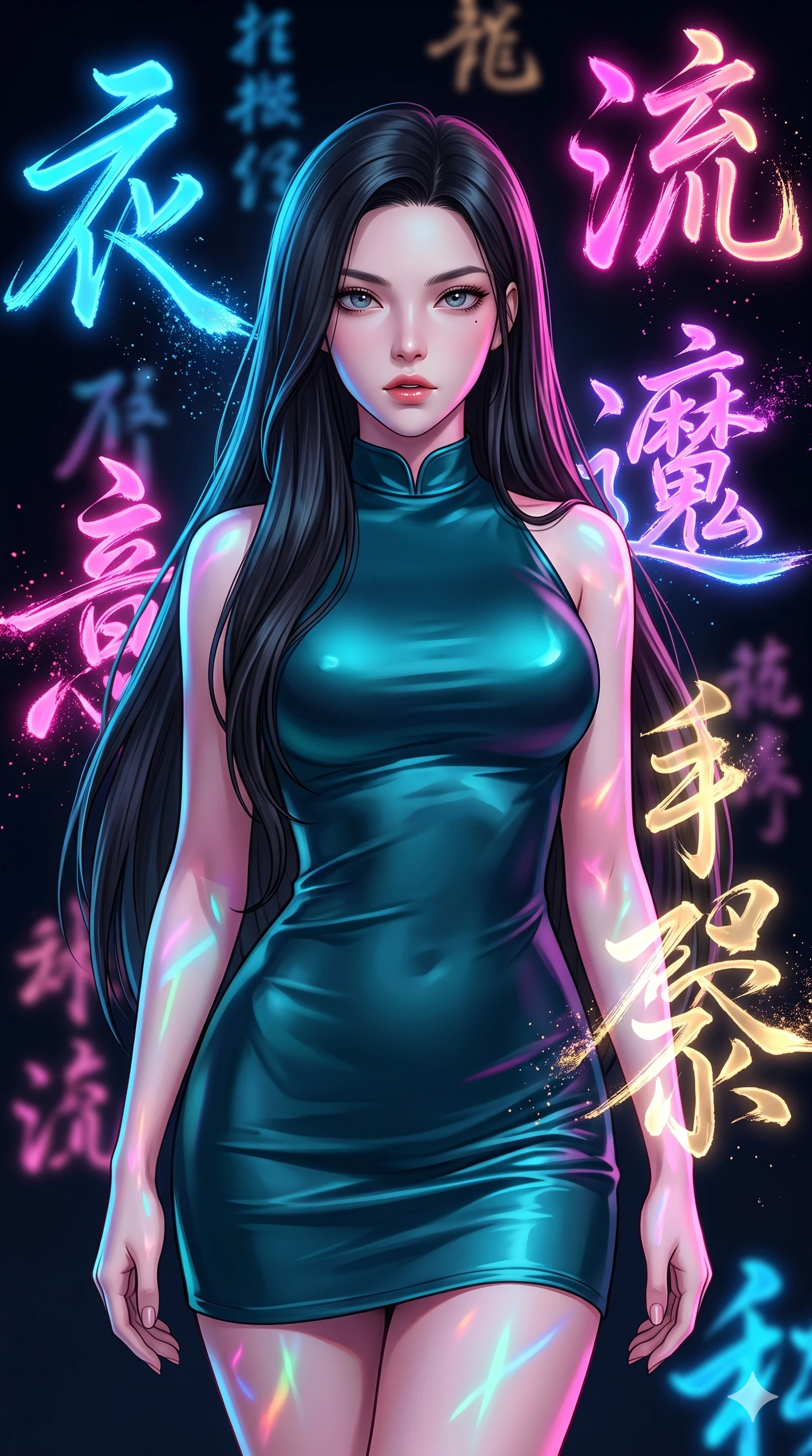 score_9, masterpiece, best quality, ultra-detailed, high-budget anime keyframe, editorial fashion photography, tasteful artistic composition, Korean woman. close-up cowboy shot from the waist and thighs up, the character dominates the composition, filling the frame with her large presence, background elements kept in soft focus. Looking directly at the camera with a bold fearless expression and parted lips. set against a soft-focus background of a vast dark space where massive neon-lit brushstrokes of East Asian calligraphy characters float and pulse with energy each stroke trailing luminous ink particles that dissolve into the void. She has an exceptionally elegant and slender, willowy female figure with an ultra-slim waist, a gracefully sculpted slender torso, and a refined slim physique. sharp v-shaped jawline, high-bridge nose, intricate jewel-like eyes with depth, thick eyelashes, glossy lips with a natural sheen. wearing a form-contouring mock-neck dress in glossy deep teal silk, highlighting her slender build and elegant proportions with couture precision. vibrant neon glow from the calligraphy characters themselves in electric blue hot pink and gold casting colored light across the dark space. 2k, ultra detail, master piece, 9:16 ratio