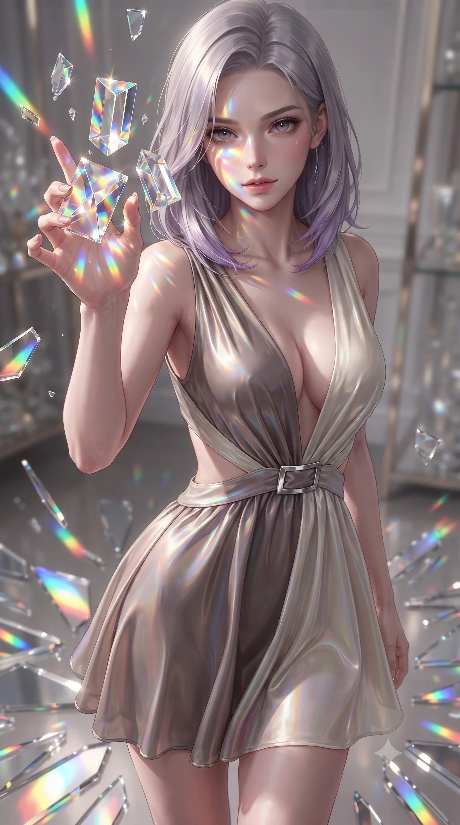 score_9, masterpiece, best quality, ultra-detailed, high-budget anime keyframe, editorial fashion photography, tasteful artistic composition, Caucasian woman. close-up cowboy shot from the waist and thighs up, the character dominates the composition, filling the frame with her large presence, background elements kept in soft focus. Reaching one hand gracefully toward the viewer with effortless superiority and allure interacting with floating glass prisms that refract liquid light into rainbows, shattered mirror shards scattering brilliant rainbow reflections everywhere. She has an exceptionally elegant, slender, and willowy female figure with an ultra-slim waist, a gracefully sculpted slender torso, and a refined silhouette. sharp v-shaped jawline, high-bridge nose, intricate jewel-like eyes with depth, thick eyelashes, glossy lips with a natural sheen. wearing a liquid mercury gloss mini dress with ultra-deep V-neck and waist cutouts in muted taupe and soft ivory, crafted from iridescent chiffon that shifts colors in the light, detailed with polished silver buckles along the waistline, the elegant draped fit framing her graceful clavicle and slender torso. illuminated by brilliant multi-color rainbow light refracting through glass. ultra-reflective glossy finish, specular highlights, metallic sheen, high-contrast stereoscopic depth, volumetric dynamic lighting, 2k, ultra detail, master piece, 9:16 ratio