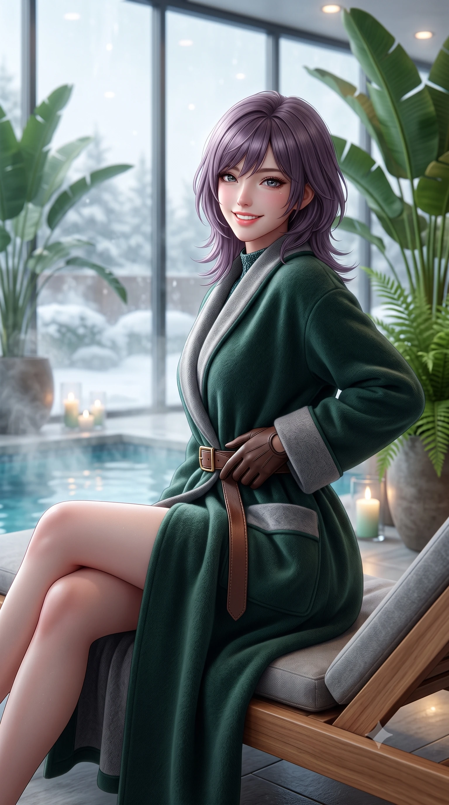 score_9, masterpiece, best quality, ultra-detailed, high-budget anime keyframe, semi-realistic 3D game render, editorial fashion photography, tasteful artistic composition, Japanese woman. close-up cowboy shot from the waist and thighs up, the character dominates the composition, filling the frame with her large presence. standing poised with hips cocked slightly to the side, one hand tracing her cinched waistline while casting an affectionate warm glance while sitting gracefully on an ergonomic teak chaise lounge beside the thermal relaxation pool, wrapped in a plush cashmere robe coat with quiet luxury. The background shows a soft-focus steaming outdoor snow pools seen through glass, lush indoor banana palms and ferns, and soft candlelight blurred into jade, azure, and vaporous white bokeh. She has an exceptionally elegant, slender, and willowy female figure with an ultra-slim waist, flat toned midriff, narrow ribcage, and sculpted feminine hips creating an alluring, slim hourglass silhouette without bulk. sharp v-shaped jawline, high-bridge nose, intricate jewel-like sparkling eyes with depth, thick eyelashes, glossy parted lips with a natural peach sheen, bright cheerful beaming smile with an enchanting and coquettish sensual glint, exuding both youthful cute charm and seductive allure, flawlessly proportioned anatomical accuracy, strict slender model proportions, natural body alignment, perfectly sculpted long slender limbs, ultra-slim waistline, clean dynamic posture without body distortion. wearing a modern form-fitting silk-knit cheongsam-inspired dress with subtle standing collar and snug tailored waist darts in St. Moritz pine forest emerald and heather grey, made of high-gauge compact silk knit that hugs her curves with seamless sculpted precision, finished with a slim equestrian bridle-leather belt cinched tightly at the narrowest point of her waist, the glove-like clinging cut tightly following the natural contour of her hips and long slender legs with youthful 8.5-heads elegance. bathed in calm diffused winter daylight filtering through steamy glass panes combined with warm 2800K recessed floor lights. highly saturated vibrant anime colors, detailed shading with soft gradients, rich glossy textures, high-contrast stereoscopic depth, volumetric dynamic lighting, master piece, 9:16 ratio