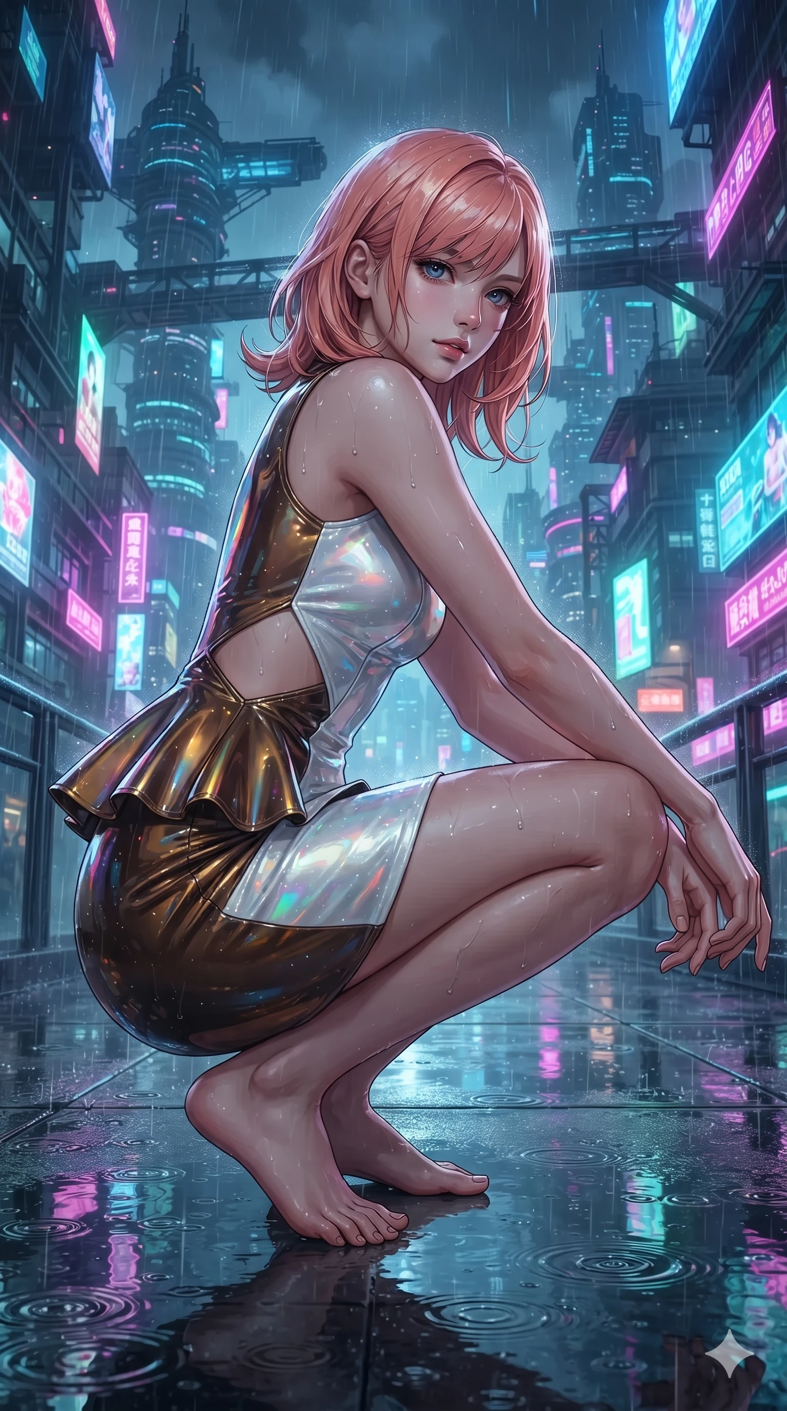score_9, masterpiece, best quality, ultra-detailed, high-budget anime keyframe, editorial fashion photography, tasteful artistic composition, Japanese woman. low angle full-body shot from head to toe showing her feet, filling the entire 9:16 vertical frame with her statuesque presence, stretching her vertical silhouette. reclining gracefully across the plush chaise lounge with one leg extended, her sculpted silhouette and flat midriff radiating magnetic nocturnal glamour while crouching gracefully on the rain-slicked esplanade deck, glancing back with smoldering bedroom-eyes as neon reflections wash over her dress. The surrounding environment is rendered in vivid detail and crisp panoramic clarity: detailed wet-look silk wrap tailoring, fine mesh cutouts, and futuristic esplanade architecture in razor-sharp clarity. She has an exceptionally tall and slender model-like 8.5-heads proportion, an ultra-slim waist, a flat toned midriff, narrow delicate ribcage, and beautifully sculpted feminine hips creating a graceful, slim hourglass silhouette without any bulky heaviness, with impossibly long slender legs. sharp v-shaped jawline, high-bridge nose, intricate jewel-like sparkling eyes with depth, thick eyelashes, glossy parted lips with a natural sheen, intensely captivating and seductive bedroom-eyes expression, exuding both youthful cute charm and sovereign luxury allure, flawlessly proportioned anatomical accuracy, strict slender model proportions, natural body alignment, perfectly sculpted long slender limbs, ultra-slim waistline, clean dynamic posture without body distortion. wearing a modern peplum corset dress with side-waist diamond cutouts and an ultra-tight silhouette in cosmic eclipse amber and starlight diamond, tailored from high-gloss patent leather with mirror-like specular highlights, finished with an ultra-high side slit secured by miniature jeweled clasps, the impeccably tailored cut draping gracefully along her slender figure with aristocratic poise. bathed in the intense, high-saturation glow of multi-colored neon signage reflecting off wet surfaces. ultra-reflective glossy finish, specular highlights, rich textural contrasts, high-contrast stereoscopic depth, volumetric dynamic lighting, 2k, ultra detail, master piece, 9:16 ratio