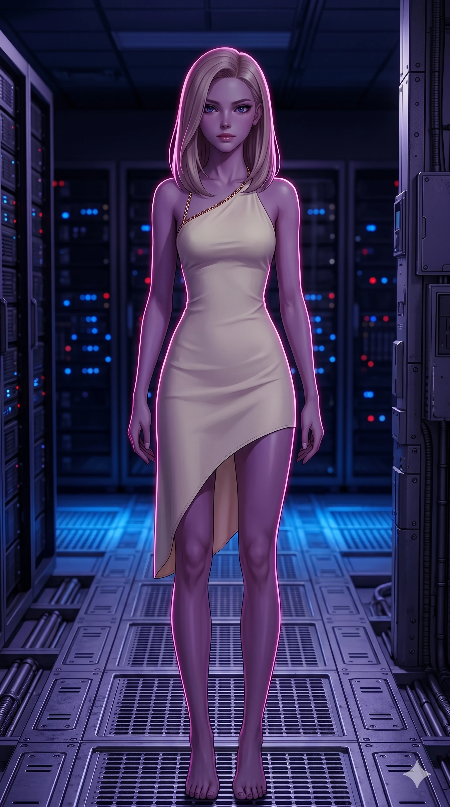 score_9, masterpiece, best quality, ultra-detailed, high-budget anime keyframe, editorial fashion photography, tasteful artistic composition, Korean woman. cowboy shot from the thighs up, character and outfit filling the frame for maximum editorial presence. Gazing past the camera with an air of effortless superiority and calm confidence on a metal catwalk inside a futuristic server room with cool blue floor lighting. She has an absolutely perfect 8-heads proportion, an exceptionally tall and slender female figure with impossibly long slender legs and an ultra-slim waist. V-shaped jawline, high-bridge nose, intricate jewel-like eyes with depth, thick eyelashes, glossy lips with a natural sheen. wearing a minimalist cream-white halter dress with a single gold chain strap and an elevated side hemline. bathed in a deep violet shadow with a single neon pink laser line tracing the edge of her silhouette. 2k, ultra detail, master piece, 9:16 ratio