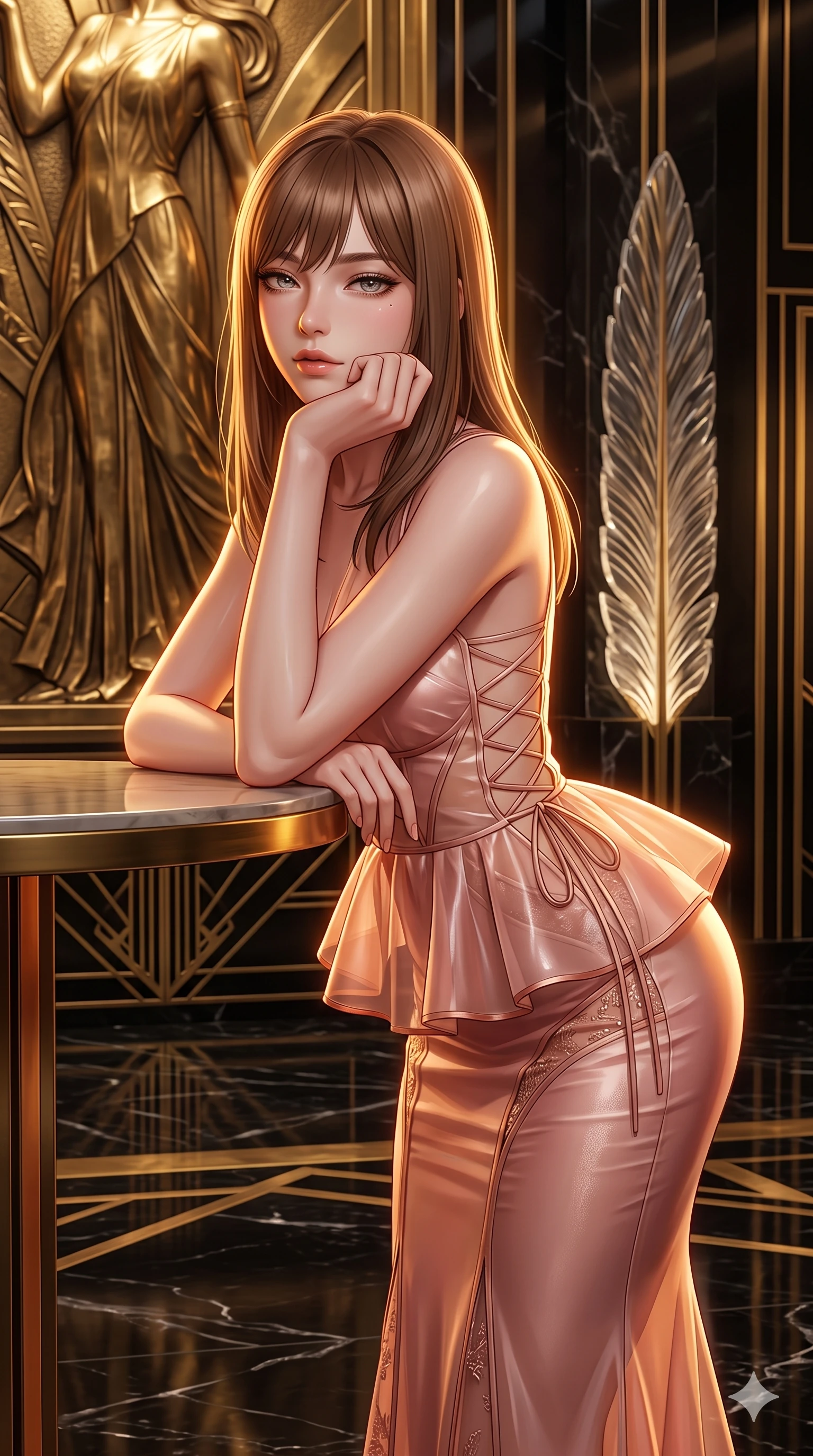 score_9, masterpiece, best quality, ultra-detailed, high-budget anime keyframe, semi-realistic 3D game render, editorial fashion photography, tasteful artistic composition, Korean woman. close-up cowboy shot from the waist and thighs up, the character dominates the composition, filling the frame with her large presence. resting one elbow on the table and supporting her chin, leaning close to the camera with heavy-lidded sparkling eyes and parted lips while standing in a tall, confident posture beside a monumental brass art deco relief, stretching her statuesque body as she arches her lower back to emphasize her sculpted feminine hips and slender waist. The surrounding environment is rendered in vivid detail and crisp panoramic clarity: sharp carved Lalique glass feather motifs, crisp brass inlay geometric lines, and polished marble floor vein patterns in deep focus. She has an exceptionally elegant, slender, and willowy female figure with an ultra-slim waist, flat toned midriff, narrow ribcage, and sculpted feminine hips creating an alluring, slim hourglass silhouette without bulk. sharp v-shaped jawline, high-bridge nose, intricate jewel-like sparkling eyes with depth, thick eyelashes, glossy parted lips with a natural sheen, intensely captivating and seductive bedroom-eyes expression, exuding both youthful cute charm and sovereign luxury allure, flawlessly proportioned anatomical accuracy, strict slender model proportions, natural body alignment, perfectly sculpted long slender limbs, ultra-slim waistline, clean dynamic posture without body distortion. wearing a structural geometric peplum gown with sheer side-ribbon cutouts and form-fitting skirt in rose-quartz blush and burnished copper, crafted from translucent silk organza with an ethereal crystalline sheen, featuring fine criss-cross lace-up side ties revealing tantalizing glimpses of her hip curve, the glove-like clinging cut tightly following the natural contour of her hips and long slender legs with youthful 8.5-heads elegance. illuminated by black marble floor reflections and sharp gold-amber rim lights sculpting her razor-sharp jawline, narrow waist, and curvy hips. highly saturated vibrant anime colors, detailed shading with soft gradients, rich glossy textures, high-contrast stereoscopic depth, volumetric dynamic lighting, master piece, 9:16 ratio