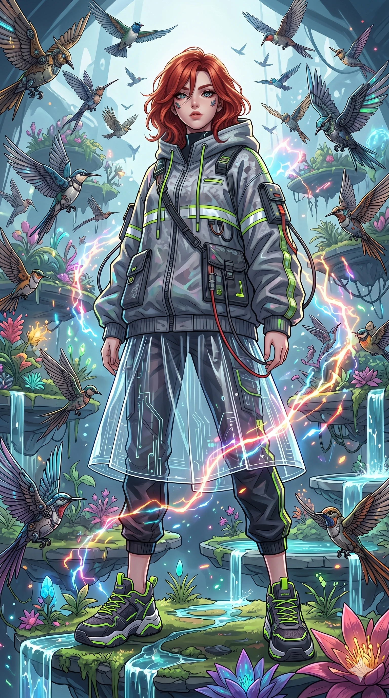 score_9, masterpiece, best quality, ultra-detailed, Set A: High-budget Anime Keyframe, Korean woman. Low angle cowboy shot filling the entire 9:16 frame with her statuesque presence. Standing victoriously through a floating botanical garden, surrounded by a whirlwind of 212 mechanical birds and surrounded by glowing energy sparks. She has an absolutely perfect 8-heads proportion, an exceptionally tall and slender female figure with impossibly long slender legs and an ultra-slim waist. Sharp v-shaped jawline, high-bridge nose, intricate jewel-like eyes with depth, thick eyelashes, glossy lips with a natural sheen. Wearing Streetwear tech-hoodie with a transparent PVC skirt and neon sneakers. Cinematic lighting, vibrant colors, dramatic shadows, 2k, ultra detail, master piece, 9:16 ratio