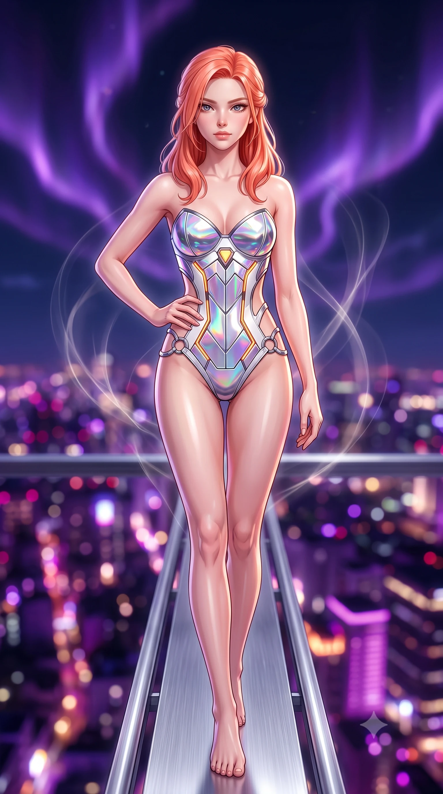 score_9, masterpiece, best quality, ultra-detailed, high-budget anime keyframe, editorial fashion photography, tasteful artistic composition, Japanese woman. close-up cowboy shot from the waist and thighs up, the character dominates the composition, filling the frame with her large presence. twisting her upper body in a dynamic S-curve with commanding allure, one hand resting on her slender waist with haughty grace while stepping along a narrow chrome gantry extending into the open night air with commanding supermodel grace. The composition keeps background elements in soft focus with creamy bokeh. swirling violet plasma aurora ribbons and glowing city grid lights blurred into rich purple, magenta, and gold bokeh. She has an exceptionally elegant, slender, and willowy female figure with an ultra-slim waist, a gracefully sculpted slender torso, toned flat midriff, and a refined slim silhouette. sharp v-shaped jawline, high-bridge nose, intricate jewel-like eyes with depth, thick eyelashes, glossy lips with a natural sheen, flawlessly proportioned anatomical accuracy, strict slender model proportions, natural body alignment, perfectly sculpted long slender limbs, ultra-slim waistline, clean dynamic posture without body distortion. wearing a precision-tailored holographic cyber-corset with geometric iridescent plating and an ultra-slim waist-cinching silhouette in high-contrast monochrome white enamel and glowing amber lines, crafted from ultra-reflective second-skin liquid metal with a mirror-like polish, detailed with polished silver rings connecting the daring side-waist cutouts, the form-contouring material adhering flawlessly to her sculpted flat midriff and slender torso, emphasizing her long leg lines and perfectly proportioned willowy build. surrounded by an exhilarating, supreme, and fiercely alluring cyber-monarch aura. ultra-reflective glossy finish, specular highlights, dark metallic sheen, high-contrast stereoscopic depth, volumetric dynamic lighting, 2k, ultra detail, master piece, 9:16 ratio