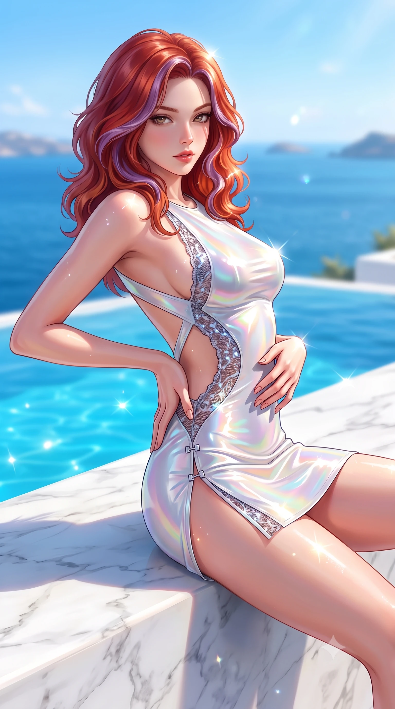 score_9, masterpiece, best quality, ultra-detailed, high-budget anime keyframe, semi-realistic 3D game render, editorial fashion photography, tasteful artistic composition, Caucasian woman. close-up cowboy shot from the waist and thighs up, the character dominates the composition, filling the frame with her large presence. twisting her upper body in a dynamic S-curve with an alluring smolder, one hand trailing along her slender waist while reclining gracefully on a sun-bleached white marble ledge of an infinity pool overlooking the vibrant azure Aegean Sea. The composition keeps background elements in soft focus with creamy bokeh. brilliant Mediterranean sunlight scattering bright specular highlights across a soft-focus backdrop. She has an exceptionally elegant, slender, and willowy female figure with an ultra-slim waist, a gracefully sculpted slender torso, toned flat midriff, and a refined slim silhouette. sharp v-shaped jawline, high-bridge nose, intricate jewel-like eyes with depth, thick eyelashes, glossy lips with a natural sheen, flawlessly proportioned anatomical accuracy, strict slender model proportions, natural body alignment, perfectly sculpted long slender limbs, ultra-slim waistline, clean dynamic posture without body distortion. wearing a second-skin fashion-latex mini dress with a clean architectural front, featuring an open-back design that wraps around the sides of her waist, showcasing her slender silhouette in glistening liquid pearl white with rainbow opalescence, crafted from delicate dark lace interwoven with luminescent micro-fibers, finished with an ultra-high side slit secured by miniature magnetic clasps, the precision-cut daring openings accentuating her delicate midriff, graceful bare collarbones, and ultra-slim feminine waistline. illuminated by clear sky fill light and sparkling specular highlights tracing her slender curves. highly saturated vibrant anime colors, detailed shading with soft gradients, rich glossy textures, high-contrast stereoscopic depth, volumetric dynamic lighting, master piece, 9:16 ratio