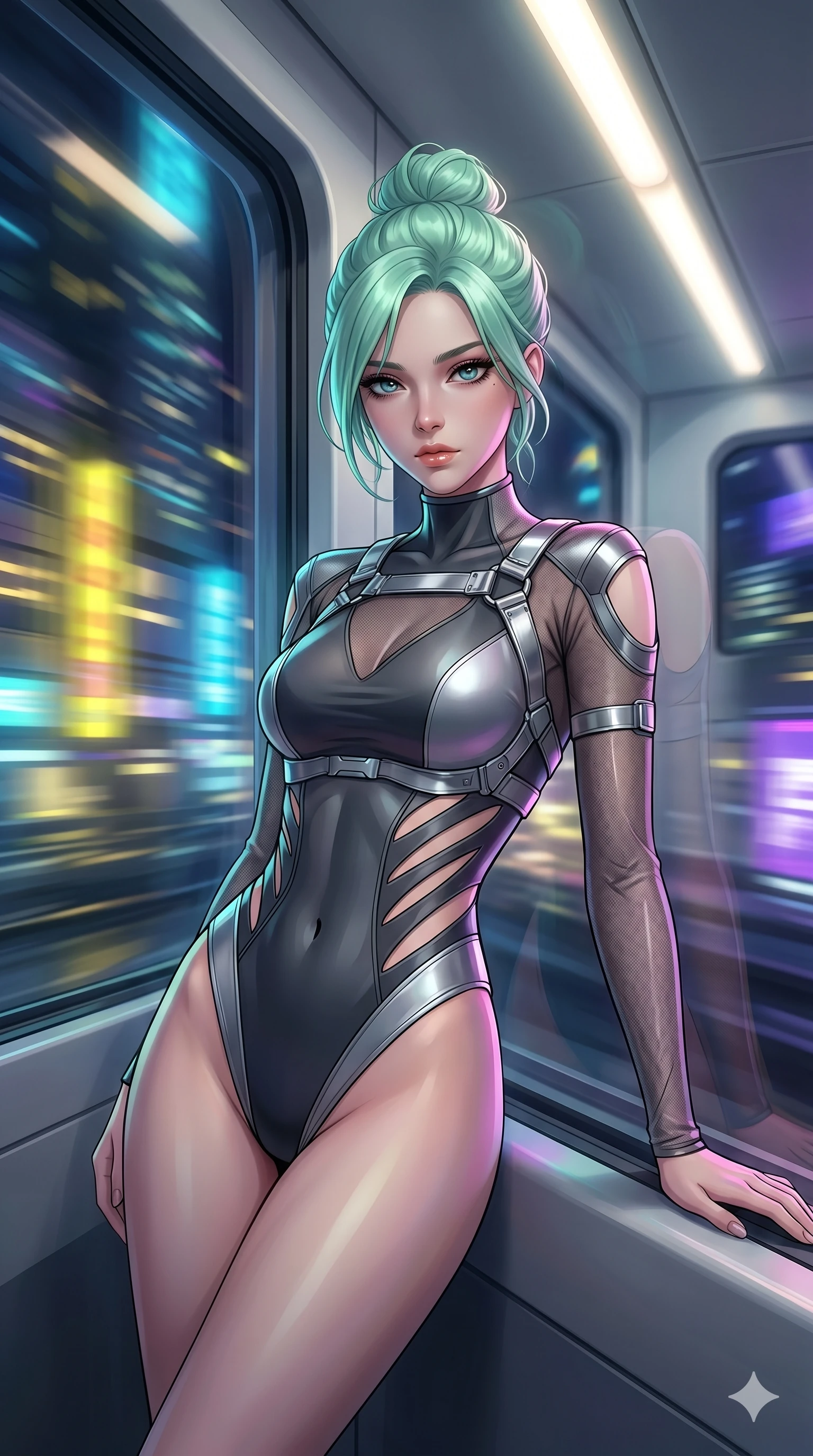 score_9, masterpiece, best quality, ultra-detailed, high-budget anime keyframe, Japanese woman. Upper body close-up from the thighs up, character filling the screen for maximum presence. She is leaning against a train window in a speeding magnetic train, with city neon lights blurring outside. She turns her face to the camera with a sultry, contemplative expression. She has an absolutely perfect 8-heads proportion, an exceptionally tall and slender female figure with impossibly long slender legs and an ultra-slim waist. V-shaped jawline, high-bridge nose, intricate jewel-like eyes with depth, thick eyelashes, glossy lips with a natural sheen. She is wearing an ultra-sleek high-cut tech-bodysuit featuring dangerous diagonal slitted cutouts on the midriff and shoulders, reinforced by a metallic silver harness and sheer mesh sleeves. The scene is bathed in passing yellow and blue city lights and a soft glowing interior ceiling light. 2k, ultra detail, master piece, 9:16 ratio