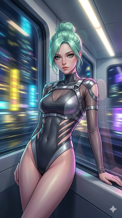 score_9, masterpiece, best quality, ultra-detailed, high-budget anime keyframe, Japanese woman. Upper body close-up from the thighs up, character filling the screen for maximum presence. She is leaning against a train window in a speeding magnetic tr