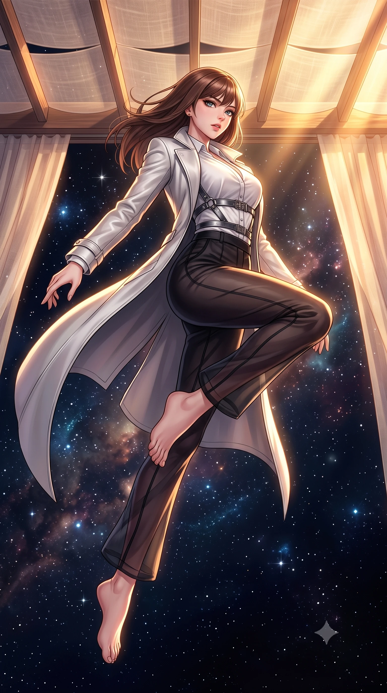 score_9, masterpiece, best quality, ultra-detailed, high-budget anime keyframe, editorial fashion photography, tasteful artistic composition, Korean woman. low angle full-body shot from head to toe showing her feet, filling the entire 9:16 vertical frame with her statuesque presence, stretching her vertical silhouette. leaping dynamically through the starry space, her posture full of power and elegance, poised beneath a sheer linen pergola as golden-hour sunbeams flood the terrace, effortless European resort luxury aesthetic. She has an absolutely perfect, statuesque 8.5-heads proportion, an exceptionally tall and slender model-like female figure with impossibly long slender legs and an ultra-slim waist. sharp v-shaped jawline, high-bridge nose, intricate jewel-like eyes with depth, thick eyelashes, glossy lips with a natural sheen. wearing structured platinum leather long coat over white silk blouse and tailored slacks in pitch-black onyx, made of sheer dark organza overlay, highlighted by a gunmetal metallic harness structure, sculpting her athletic slender build with refined precision. surrounded by a radiant sunset ambiance with bright golden rim lights. highly saturated vibrant anime colors, detailed shading with soft gradients, rich glossy textures, high-contrast stereoscopic depth, volumetric dynamic lighting, master piece, 9:16 ratio