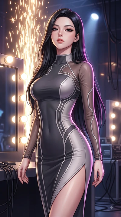 score_9, masterpiece, best quality, ultra-detailed, high-budget anime keyframe, editorial fashion photography, tasteful artistic composition, Korean woman. close-up cowboy shot from the waist and thighs up, the character dominates the composition, fi