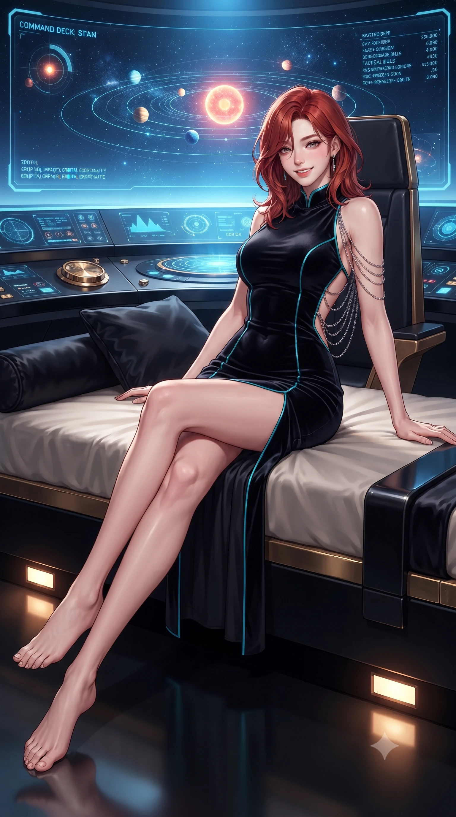 score_9, masterpiece, best quality, ultra-detailed, high-budget anime keyframe, editorial fashion photography, tasteful artistic composition, Korean woman. low angle full-body shot from head to toe showing her feet, filling the entire 9:16 vertical frame with her statuesque presence, stretching her vertical silhouette. lounging on the lavish daybed with legs crossed and hips angled toward the camera, displaying her toned midriff and long slender limbs with effortless siren poise while sitting gracefully on the high-backed admiral chair with legs crossed, flashing an enchanting smile with parted glossy lips as galactic vectors rotate around her. The surrounding environment is rendered in vivid detail and crisp panoramic clarity: sharp circular black obsidian dais reflections, polished brass tactical dials, and crisp holographic orbital coordinate text in deep focus. She has an exceptionally tall and slender model-like 8.5-heads proportion, an ultra-slim waist, a flat toned midriff, narrow delicate ribcage, and beautifully sculpted feminine hips creating a graceful, slim hourglass silhouette without any bulky heaviness, with impossibly long slender legs. sharp v-shaped jawline, high-bridge nose, intricate jewel-like sparkling eyes with depth, thick eyelashes, glossy parted lips with a natural peach sheen, bright cheerful beaming smile with an enchanting and coquettish sensual glint, exuding both youthful cute charm and seductive allure, flawlessly proportioned anatomical accuracy, strict slender model proportions, natural body alignment, perfectly sculpted long slender limbs, ultra-slim waistline, clean dynamic posture without body distortion. wearing a tailored liquid velvet combat sheath dress with subtle metallic piping following her feminine curves without bulk in tactical obsidian black and high-voltage cyan, crafted from bespoke double-faced cashmere with an exceptionally soft tactile finish, accented with an open-back drape framed by falling strands of delicate chrome chains, the liquid-tight tailored fabric clinging flawlessly to her narrow waist and rounded feminine hips, emphasizing every millimeter of her sculpted slim hourglass curves without any bulky heaviness. bathed in the multi-colored celestial glow of the rotating holographic star system contrasted with subtle floor-level warm lights. ultra-reflective glossy finish, specular highlights, rich textural contrasts, high-contrast stereoscopic depth, volumetric dynamic lighting, 2k, ultra detail, master piece, 9:16 ratio