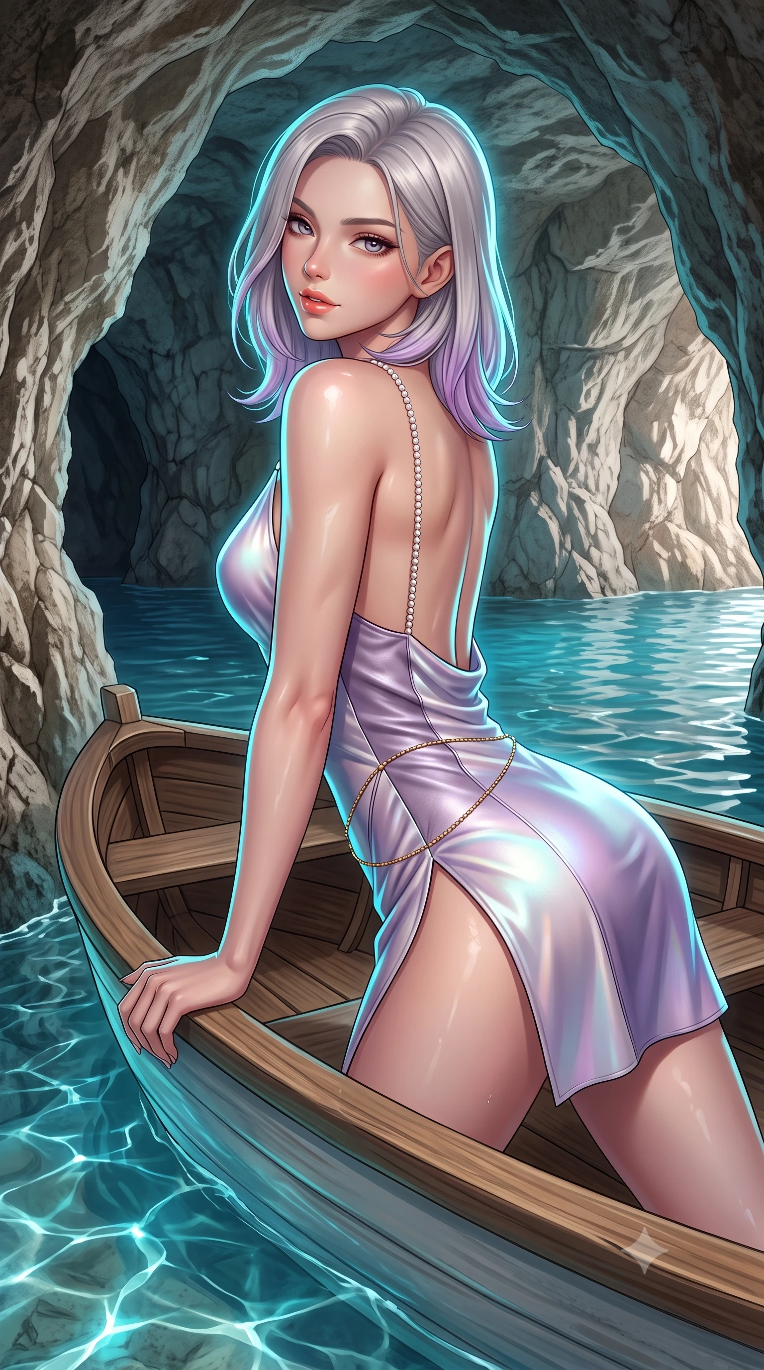 score_9, masterpiece, best quality, ultra-detailed, high-budget anime keyframe, semi-realistic 3D game render, editorial fashion photography, tasteful artistic composition, Caucasian woman. close-up cowboy shot from the waist and thighs up, the character dominates the composition, filling the frame with her large presence. posing in an alluring rear three-quarter angle, looking over a bare shoulder with parted glossy lips, her hips cocked back to highlight her slim hourglass curve while reclining on the small wooden rowboat propped on one hand, her wet-look silhouette radiating supernatural Mediterranean beauty. The surrounding environment is rendered in vivid detail and crisp panoramic clarity: sharp limestone cave wall texture, water surface meniscus clarity, and glowing underwater light beam refraction in deep focus. She has an exceptionally elegant, slender, and willowy female figure with an ultra-slim waist, flat toned midriff, narrow ribcage, and sculpted feminine hips creating an alluring, slim hourglass silhouette without bulk. sharp v-shaped jawline, high-bridge nose, sparkling eyes with hypnotic seductive depth, thick curled eyelashes, glossy parted lips with a natural dewy peach sheen, alluring bedroom-eyes with an enchanting coquettish smile, exuding magnetic siren charisma and sophisticated glamour, flawlessly proportioned anatomical accuracy, strict slender model proportions, natural body alignment, perfectly sculpted long slender limbs, ultra-slim waistline, clean dynamic posture without body distortion. wearing a slinky backless cowl-neck silk satin beach slip mini dress with dainty pearl spaghetti straps in iridescent mother-of-pearl and dusk lavender, woven from buttery-soft stretch lambskin leather adhering to her body like a second skin, accented with a dainty gold belly chain resting across her flat midriff and curving hips, the high-slit wrap tailoring accentuating her ultra-slim waistline and the enchanting curve of her feminine hips with alluring seductive charm. illuminated by aquatic caustic reflections and sharp electric-cyan rim lights sculpting her jawline, ultra-slim waist, and curvy hips. highly saturated vibrant anime colors, detailed shading with soft gradients, rich glossy textures, high-contrast stereoscopic depth, volumetric dynamic lighting, master piece, 9:16 ratio