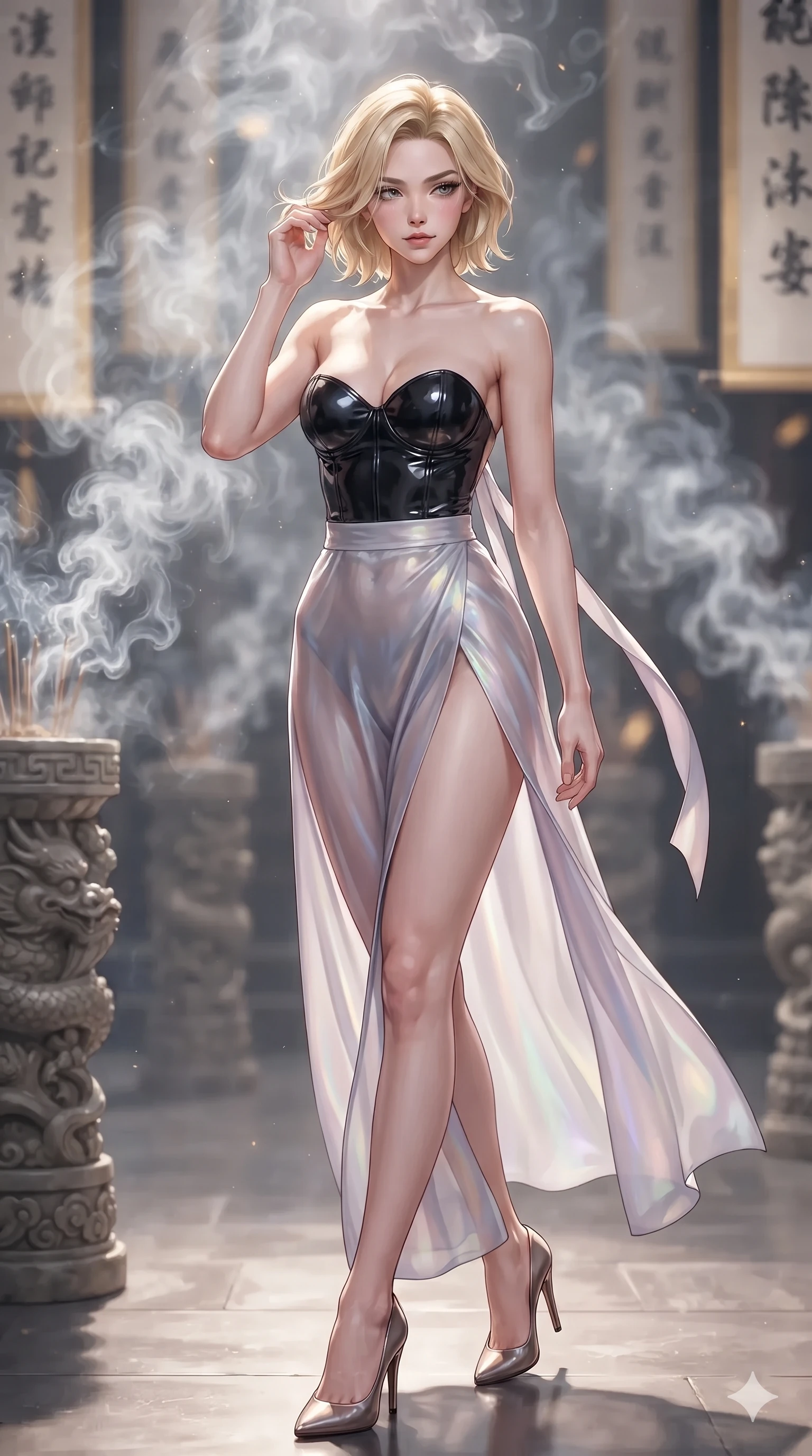 score_9, masterpiece, best quality, ultra-detailed, high-budget anime keyframe, editorial fashion photography, tasteful artistic composition, Caucasian woman. close-up cowboy shot from the waist and thighs up, the character dominates the composition, filling the frame with her large presence. gently brushing a lock of silk hair behind her ear while casting a playful, flirtatious side-gaze with long eyelashes while walking slowly through the fragrant misty hall with feline poise, her long slender legs and curvy hips commanding the sacred atmosphere. The background shows a soft-focus swirling white agarwood incense smoke, carved dragon column bases, and hanging silk calligraphy banners blurred into cream, gold, and charcoal bokeh. She has an exceptionally elegant, slender, and willowy female figure with an ultra-slim waist, flat toned midriff, narrow ribcage, and sculpted feminine hips creating an alluring, slim hourglass silhouette without bulk. sharp v-shaped jawline, high-bridge nose, sparkling eyes with hypnotic seductive depth, thick curled eyelashes, glossy parted lips with a natural dewy peach sheen, alluring bedroom-eyes with an enchanting coquettish smile, exuding magnetic siren charisma and sophisticated glamour, flawlessly proportioned anatomical accuracy, strict slender model proportions, natural body alignment, perfectly sculpted long slender limbs, ultra-slim waistline, clean dynamic posture without body distortion. wearing a strapless wet-look vinyl bustier paired with sheer chiffon high-slit wrap trousers revealing her long slender legs in iridescent mother-of-pearl and misty lavender, tailored from smooth liquid silk satin with a natural dewy moonlight sheen, finished with long silk ribbon ties fluttering down her bare spine from a backless halter, the form-fitting cut adhering flawlessly to her sculpted flat midriff and slender torso, emphasizing her long leg lines and perfectly proportioned willowy build. illuminated by polished floor bounce and sharp amber-bronze rim lights defining her razor-sharp jawline, narrow waist, and curvy hips. ultra-reflective glossy finish, specular highlights, rich textural contrasts, high-contrast stereoscopic depth, volumetric dynamic lighting, 2k, ultra detail, master piece, 9:16 ratio