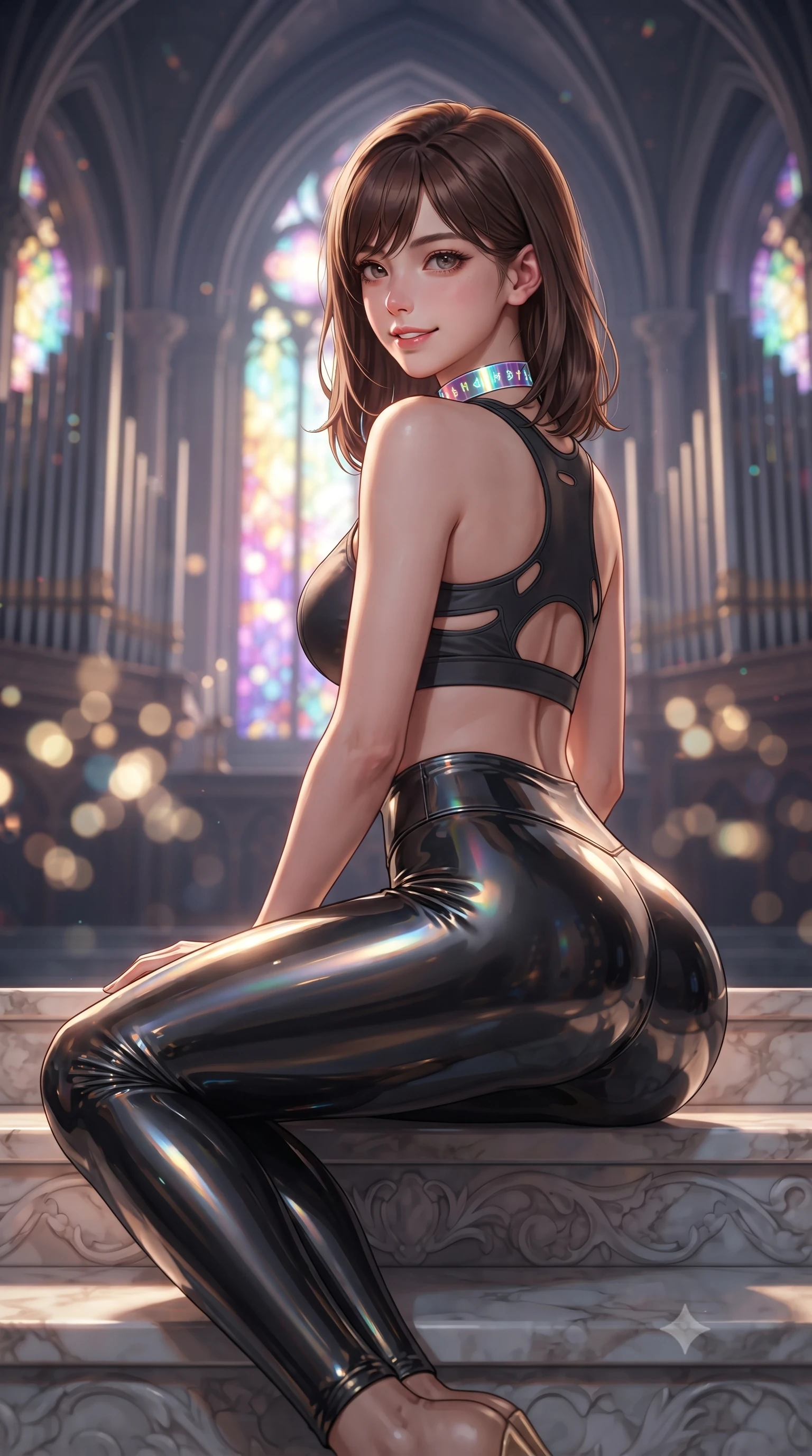 score_9, masterpiece, best quality, ultra-detailed, high-budget anime keyframe, editorial fashion photography, tasteful artistic composition, Korean woman. close-up cowboy shot from the waist and thighs up, the character dominates the composition, filling the frame with her large presence. posing in an alluring rear three-quarter angle, turning over a bare shoulder with an intoxicating gaze, her hips cocked back to highlight her slim hourglass curve against the glowing reactor while lounging gracefully on the carved marble altar steps, her long slender legs and hourglass curves commanding the high-tech sanctuary. The background shows a soft-focus soaring gothic cyber-arches and massive laser pipe organs playing visible light frequencies blurred into stained-glass rainbow, violet, and gold bokeh. She has an exceptionally elegant, slender, and willowy female figure with an ultra-slim waist, flat toned midriff, narrow ribcage, and sculpted feminine hips creating an alluring, slim hourglass silhouette without bulk. sharp v-shaped jawline, high-bridge nose, intricate jewel-like sparkling eyes with depth, thick eyelashes, glossy parted lips with a natural sheen, bright confident smile with an enchanting and coquettish sensual glint, exuding both youthful magnetic charm and sovereign high-tech allure, flawlessly proportioned anatomical accuracy, strict slender model proportions, natural body alignment, perfectly sculpted long slender limbs, ultra-slim waistline, clean dynamic posture without body distortion. wearing a tactical racerback athletic crop top paired with skin-tight high-waisted holographic combat leggings in glossy onyx black and warm champagne gold hardware, tailored from ultra-reflective glossy liquid vinyl with mirror-like specular highlights, complemented by a high-tech holographic choker projecting miniature glyphs, the form-contouring cut accentuating her sculpted flat midriff, narrow delicate ribcage, and gracefully curvy hips with cybernetic supermodel precision. bathed in majestic stained-glass laser light cascading through towering digital rose windows. ultra-reflective glossy finish, specular highlights, rich textural contrasts, high-contrast stereoscopic depth, volumetric dynamic lighting, 2k, ultra detail, master piece, 9:16 ratio