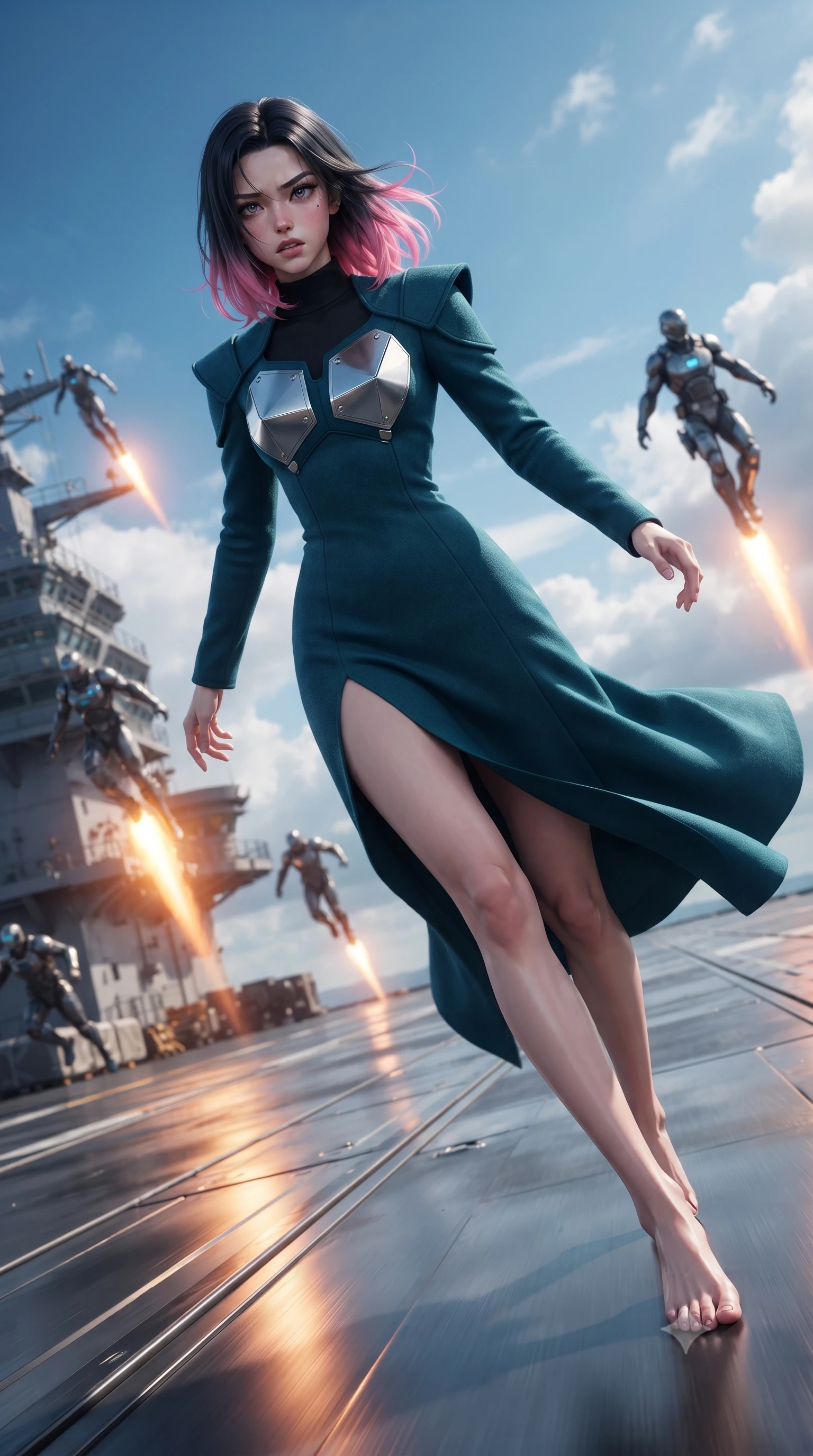 score_9, masterpiece, best quality, ultra-detailed, high-budget anime keyframe, editorial fashion photography, tasteful artistic composition, realistic cosplay photography, Korean woman. low angle full-body shot from head to toe showing her feet, filling the entire 9:16 vertical frame with her statuesque presence, stretching her vertical silhouette. skidding across a metal flight deck as the starship tilts violently during battle inside the deck of a massive carrier, fighters taking off in rapid succession into a blue sky filled with clouds. She has a statuesque 8.5-heads proportion, an exceptionally tall, slender and willowy model-like build with impossibly long legs and a highly sculpted ultra-slim waist. sharp v-shaped jawline, high-bridge nose, intricate jewel-like eyes with depth, thick eyelashes, glossy lips with a natural sheen. wearing the lightweight fabric rippling and billowing dramatically with her movement, a body-hugging futuristic scholar robe in deep teal wool, featuring structured shoulder caps and silver geometric chest plates, over a black high-neck top. bright daylight with orange exhaust flares casting long warm reflections. ultra-reflective glossy finish, specular highlights, metallic sheen, high-contrast stereoscopic depth, volumetric dynamic lighting, 2k, ultra detail, master piece, 9:16 ratio