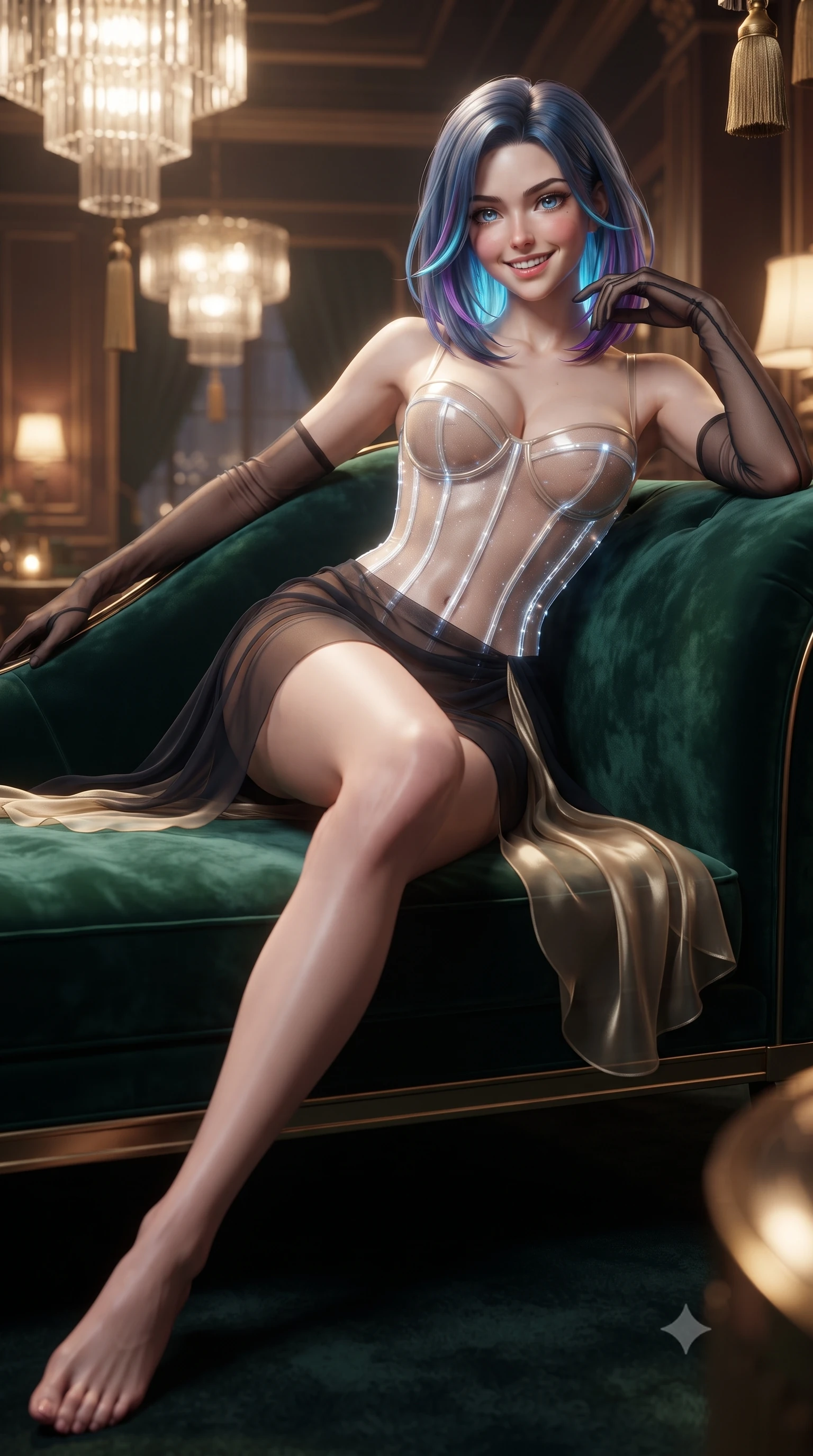 score_9, masterpiece, best quality, ultra-detailed, high-budget anime keyframe, editorial fashion photography, tasteful artistic composition, Caucasian woman. low angle full-body shot from head to toe showing her feet, filling the entire 9:16 vertical frame with her statuesque presence, stretching her vertical silhouette. lounging on the lavish daybed with legs crossed and hips angled toward the camera, displaying her toned midriff and long slender limbs with effortless siren poise while reclining gracefully across the emerald silk velvet chaise lounge propped on one elbow, displaying her long slender limbs and statuesque hourglass silhouette with sovereign supermodel poise. The background shows a soft-focus vintage geometric crystal chandeliers and silk tassels softened in 1920s Shanghai jazz age nocturne shallow focus. She has an exceptionally tall and slender model-like 8.5-heads proportion, an ultra-slim waist, a flat toned midriff, narrow delicate ribcage, and beautifully sculpted feminine hips creating a graceful, slim hourglass silhouette without any bulky heaviness, with impossibly long slender legs. sharp v-shaped jawline, high-bridge nose, intricate jewel-like sparkling eyes with depth, thick eyelashes, glossy parted lips with a natural peach sheen, bright cheerful beaming smile with an enchanting and coquettish sensual glint, exuding both youthful cute charm and seductive allure, flawlessly proportioned anatomical accuracy, strict slender model proportions, natural body alignment, perfectly sculpted long slender limbs, ultra-slim waistline, clean dynamic posture without body distortion. wearing a sculpted underwire cyber-corset in translucent tech-tulle with illuminated boning channels paired with a sheer mini skirt in deep midnight obsidian black and liquid champagne gold, made of sheer gossamer chiffon that drapes softly against skin with airy translucence, complemented by sheer opera-length evening gloves tracing her slender arms, the liquid-tight tailored fabric clinging flawlessly to her narrow waist and rounded feminine hips, emphasizing every millimeter of her sculpted slim hourglass curves without any bulky heaviness. illuminated by river reflection bounce and sharp platinum-gold rim lights sculpting her razor-sharp jawline, narrow waist, and curvy hips. ultra-reflective glossy finish, specular highlights, rich textural contrasts, high-contrast stereoscopic depth, volumetric dynamic lighting, 2k, ultra detail, master piece, 9:16 ratio