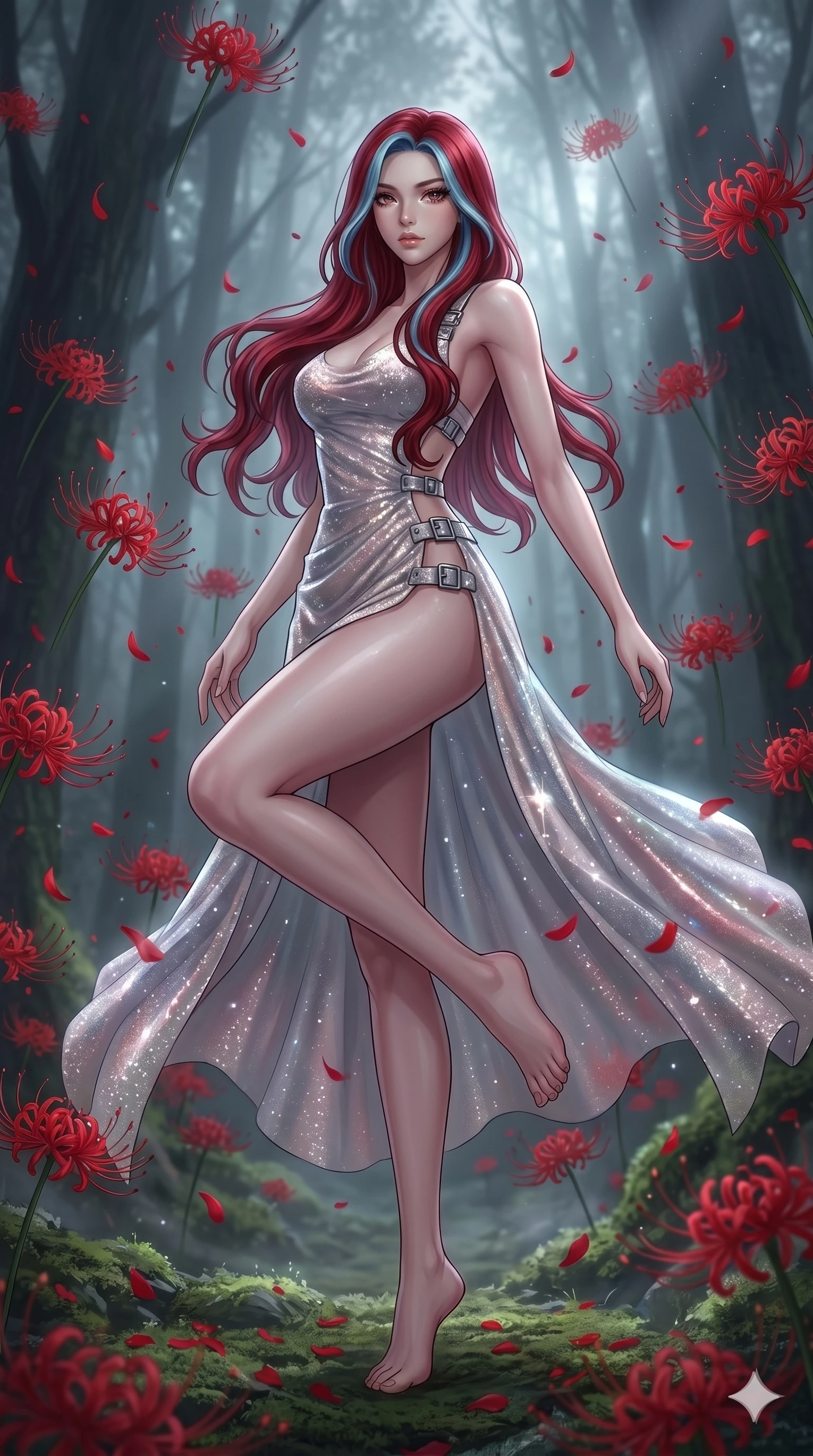 score_9, masterpiece, best quality, ultra-detailed, High-budget Anime Keyframe, East Asian woman. Low angle cowboy shot filling the entire 9:16 frame with her statuesque presence. Scenario 295: Dancing amidst falling red spider lilies in a misty dark forest. Her presence is magnetic and overpowering in this high-budget anime scene. Outfit 295: A shimmering chiffon bare with a thigh-high slit and metallic buckles. The clothing is designed to emphasize her exceptionally tall and slender 8-heads proportion. 8-heads proportion, towering silhouette, ultra-slim waist. sharp v-shaped jawline, intricate jewel-like eyes with depth, thick eyelashes, glossy lips. 2k, ultra detail, master piece, 9:16 ratio