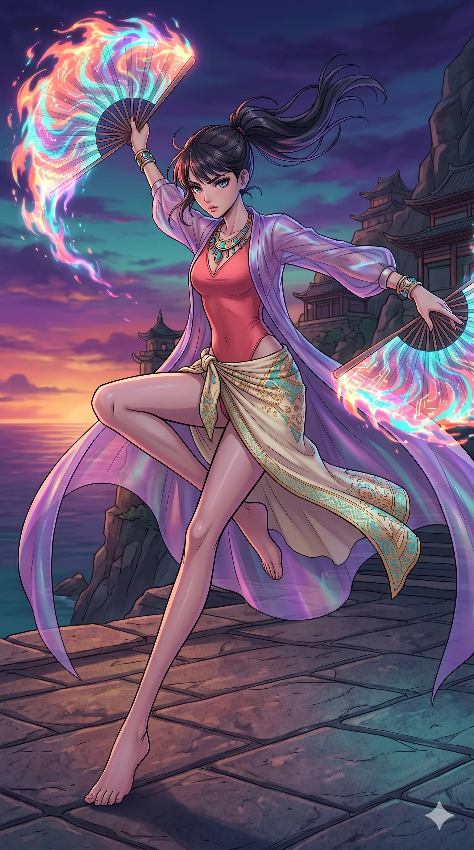 score_9, masterpiece, best quality, ultra-detailed, high-budget anime movie keyframe, cinematic anime lighting, intricate line art, Caucasian (strictly human ears) woman. Dynamic full-body shot stretching the vertical silhouette with extreme perspective. performing a traditional fan dance with fans made of holographic fire. She has an absolutely perfect 8-heads proportion, an exceptionally tall and slender female figure with an ultra-slim waist and impossibly long slender legs. strictly human anatomy, two legs only, no extra limbs, clearly defined legs and arms, perfect anatomy, perfect hands and fingers. sharp v-shaped jawline, high-bridge nose, intricate jewel-like eyes, thick eyelashes, glossy lips. Wearing Seasonal/Resort: High-cut one-piece with sarong, linen sundress with tie-back, and sheer fabric wrap. The scene is illuminated by dramatic atmospheric lighting and vibrant color palettes. , 2k, ultra detail, master piece, 9:16 ratio
