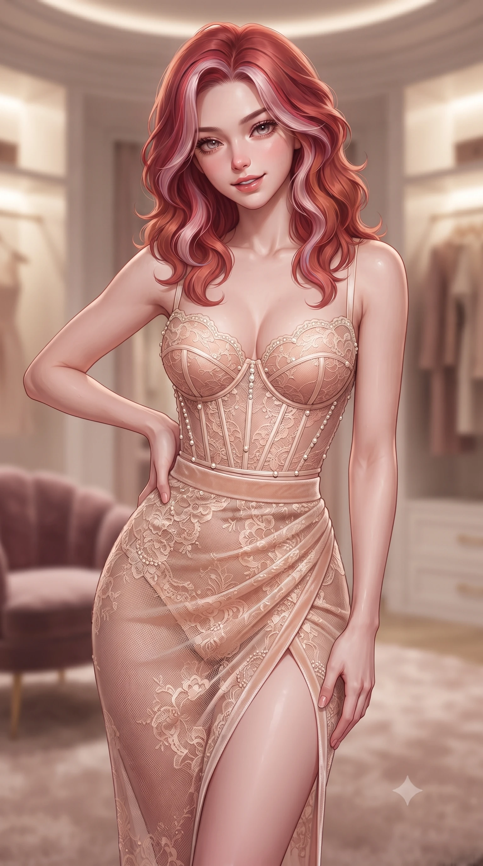 score_9, masterpiece, best quality, ultra-detailed, high-budget anime keyframe, editorial fashion photography, tasteful artistic composition, Caucasian woman. close-up cowboy shot from the waist and thighs up, the character dominates the composition, filling the frame with her large presence. tilting her head with a teasing half-smile, running one hand slowly down the side of her hip in a flirtatious S-curve as ambient light caresses her silhouette while standing centered in the dressing salon with one hand on her cinched waist, her sheer gown with delicate beading catching the soft lights. The background shows a soft-focus plush silk carpeting softened in ultra-exclusive high-fashion dressing suite shallow focus. She has an exceptionally elegant, slender, and willowy female figure with an ultra-slim waist, flat toned midriff, narrow ribcage, and sculpted feminine hips creating an alluring, slim hourglass silhouette without bulk. sharp v-shaped jawline, high-bridge nose, intricate jewel-like sparkling eyes with depth, thick eyelashes, glossy parted lips with a natural peach sheen, bright cheerful beaming smile with an enchanting and coquettish sensual glint, exuding both youthful cute charm and seductive allure, flawlessly proportioned anatomical accuracy, strict slender model proportions, natural body alignment, perfectly sculpted long slender limbs, ultra-slim waistline, clean dynamic posture without body distortion. wearing a sculpted underwire corset in sheer stretch lace paired with a high-waisted sheer mesh pencil skirt with back slit in Parisian blush peach lace and ivory pearl, tailored from ultra-plush silk velvet with rich tactile depth and deep shadow gradients, finished with scalloped eyelash lace trim framing her sweetheart neckline with intimate elegance, the high-slit wrap tailoring accentuating her ultra-slim waistline and the enchanting curve of her feminine hips with alluring seductive charm. bathed in soft 3000K cove downlights and radiant vitrine display backlights. ultra-reflective glossy finish, specular highlights, rich textural contrasts, high-contrast stereoscopic depth, volumetric dynamic lighting, 2k, ultra detail, master piece, 9:16 ratio