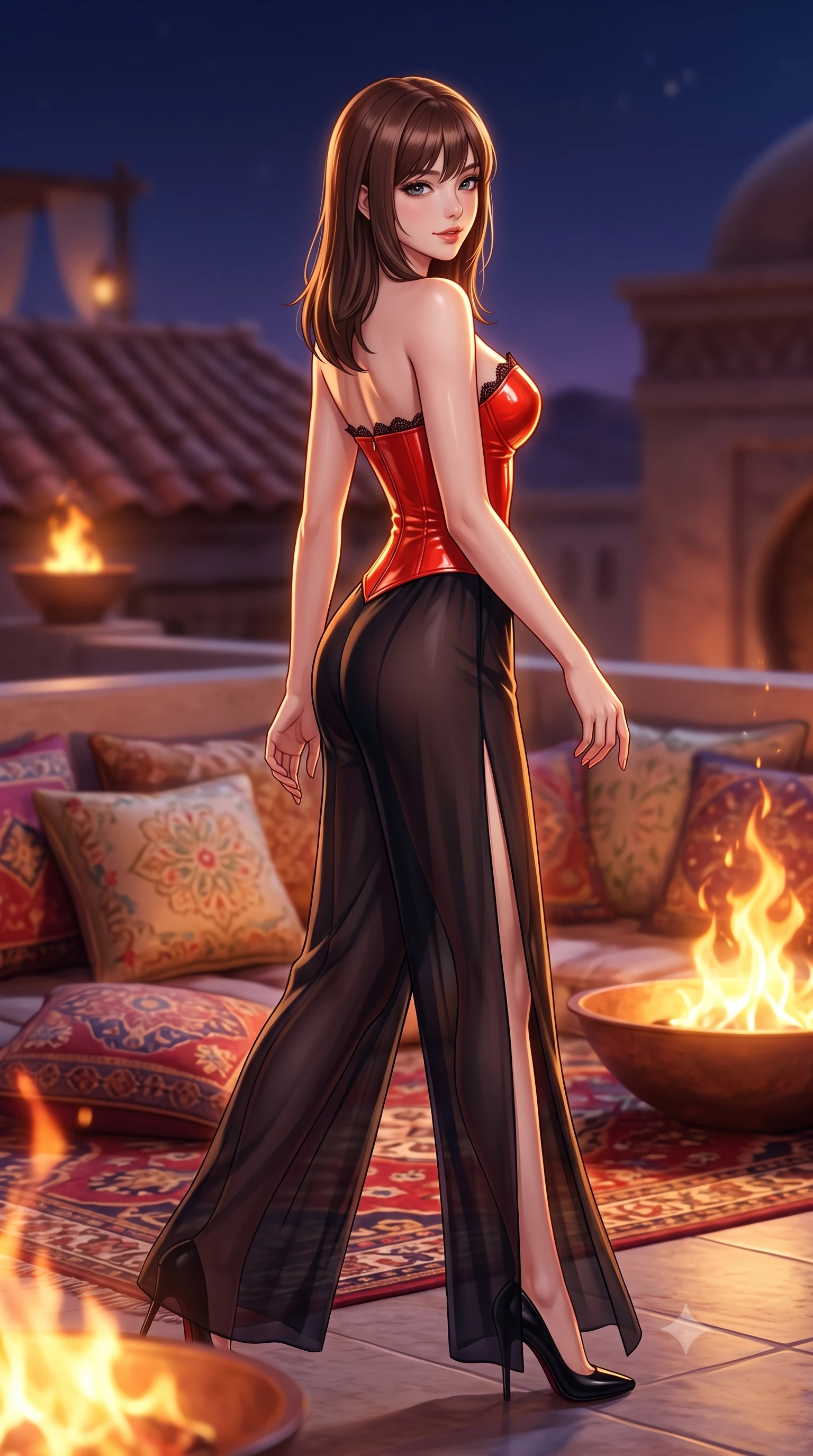 score_9, masterpiece, best quality, ultra-detailed, high-budget anime keyframe, semi-realistic 3D game render, editorial fashion photography, tasteful artistic composition, Korean woman. low angle full-body shot from head to toe showing her feet, filling the entire 9:16 vertical frame with her statuesque presence, stretching her vertical silhouette. walking along the terrace with poise, looking back over her bare shoulder with an irresistible smoldering bedroom-gaze while twisting her slender torso in an alluring S-curve, warm night desert winds and dancing copper fire bowl flames sculpting highlights on her silhouette. The background shows a soft-focus embroidered silk pillows and kilim rugs softened in romantic Arabian Nights shallow focus. She has an absolutely perfect, statuesque 8.5-heads proportion, an exceptionally tall and slender model-like female figure with impossibly long slender legs, an ultra-slim waist, a flat toned midriff, narrow delicate ribcage, and beautifully sculpted feminine hips creating a graceful, slim hourglass silhouette without any bulky heaviness. sharp v-shaped jawline, high-bridge nose, sparkling eyes with hypnotic seductive depth, thick curled eyelashes, glossy parted lips with a natural dewy peach sheen, alluring bedroom-eyes with an enchanting coquettish smile, exuding magnetic siren charisma and sophisticated glamour, flawlessly proportioned anatomical accuracy, strict slender model proportions, natural body alignment, perfectly sculpted long slender limbs, ultra-slim waistline, clean dynamic posture without body distortion. wearing a wet-look form-fitting vinyl bustier paired with sheer chiffon high-slit wide-leg trousers in Pudong electric vermilion and obsidian lacquer, tailored from fine structural neoprene with crisp architectural edges and smooth contouring, finished with scalloped eyelash lace trim framing her sweetheart neckline with intimate elegance, the glove-like clinging cut tightly following the natural contour of her hips and long slender legs with youthful 8.5-heads elegance. illuminated by rooftop tile reflection fill and sharp flame-gold rim lights sculpting her jawline, flat midriff, and voluptuous hip curves. highly saturated vibrant anime colors, detailed shading with soft gradients, rich glossy textures, high-contrast stereoscopic depth, volumetric dynamic lighting, master piece, 9:16 ratio