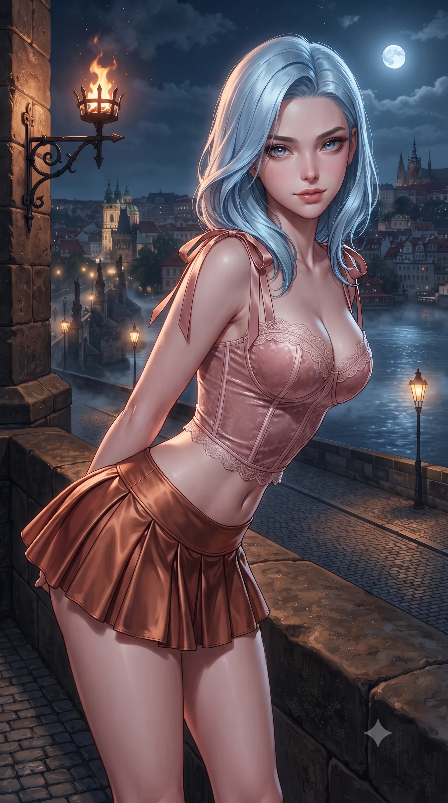 score_9, masterpiece, best quality, ultra-detailed, high-budget anime keyframe, editorial fashion photography, tasteful artistic composition, Korean woman. close-up cowboy shot from the waist and thighs up, the character dominates the composition, filling the frame with her large presence. leaning forward while arching her lower back to accentuate her curvy hips, looking into the camera with an intoxicating smoldering gaze and bedroom-eyes while standing poised on the weathered sandstone rampart balcony high above the Charles Bridge, arching her spine with queenly diva charisma as nocturnal mist curls over the black Vltava river. The surrounding environment is rendered in vivid detail and crisp panoramic clarity: sharp weathered medieval sandstone masonry, hand-forged wrought-iron torch bracket scrollwork, and cobblestone roadway textures in deep focus. She has an exceptionally elegant, slender, and willowy female figure with an ultra-slim waist, flat toned midriff, narrow ribcage, and sculpted feminine hips creating an alluring, slim hourglass silhouette without bulk. sharp v-shaped jawline, high-bridge nose, intricate jewel-like sparkling eyes with depth, thick eyelashes, glossy parted lips with a natural peach sheen, bright cheerful beaming smile with an enchanting and coquettish sensual glint, exuding both youthful cute charm and seductive allure, flawlessly proportioned anatomical accuracy, strict slender model proportions, natural body alignment, perfectly sculpted long slender limbs, ultra-slim waistline, clean dynamic posture without body distortion. wearing a structured Bohemian boned velvet bustier top paired with an ultra-short low-rise pleated micro mini skirt in rose-quartz blush and burnished copper, made of fluid liquid jersey with seamless sculpting hold and smooth contours, finished with satin ribbon ties at the shoulders fluttering in the gentle breeze, the glove-like clinging cut tightly following the natural contour of her hips and long slender legs with youthful 8.5-heads elegance. bathed in the romantic amber 2200K glow of street gas lamps below mixed with cool silver moonlight on river water. ultra-reflective glossy finish, specular highlights, rich textural contrasts, high-contrast stereoscopic depth, volumetric dynamic lighting, 2k, ultra detail, master piece, 9:16 ratio