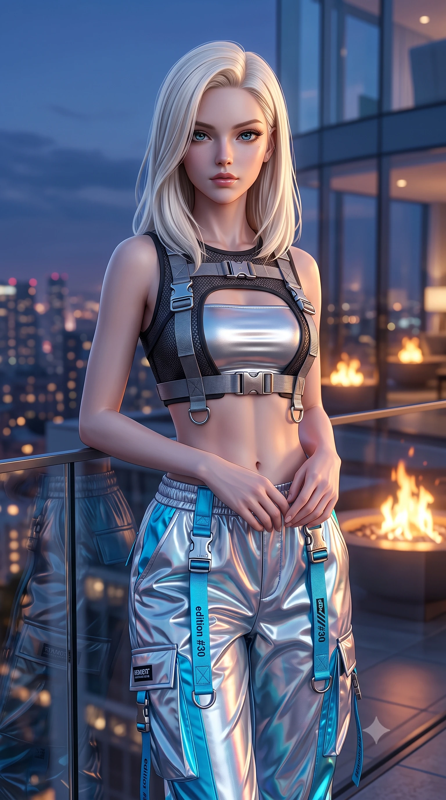 score_9, masterpiece, best quality, ultra-detailed, high-budget anime keyframe, semi-realistic 3D game render, editorial fashion photography, tasteful artistic composition, Caucasian woman. close-up cowboy shot from the waist and thighs up, the character dominates the composition, filling the frame with her large presence. holding her hands loosely in front with regal, aristocratic poise, radiating an overwhelming high-society aura while leaning against the seamless glass barrier of an ultra-luxury penthouse terrace overlooking a sparkling city skyline at dusk. The composition keeps background elements in soft focus with creamy bokeh. penthouse glass architecture and glowing rooftop fire pits softened in cinematic shallow depth of field. She has an exceptionally elegant, slender, and willowy female figure with an ultra-slim waist, a gracefully sculpted slender torso, toned flat midriff, and a refined slim silhouette. sharp v-shaped jawline, high-bridge nose, intricate jewel-like eyes with depth, thick eyelashes, glossy lips with a natural sheen, captivating and magnetic expression, flawlessly proportioned anatomical accuracy, strict slender model proportions, natural body alignment, perfectly sculpted long slender limbs, ultra-slim waistline, clean dynamic posture without body distortion. wearing a futuristic cropped tech-harness vest worn over a silver reflective tube top and high-rise metallic parachute cargo pants in holographic silver and electric cyan, crafted from high-gloss metallic ripstop nylon and flexible carbon mesh, detailed with heavy-duty chrome quick-release buckles and D-ring straps edition #30, the precision-cut daring openings accentuating her delicate midriff, graceful bare collarbones, and ultra-slim feminine waistline. bathed in twilight indigo sky tones and warm amber rooftop fire pit glow. highly saturated vibrant anime colors, detailed shading with soft gradients, rich glossy textures, high-contrast stereoscopic depth, volumetric dynamic lighting, master piece, 9:16 ratio