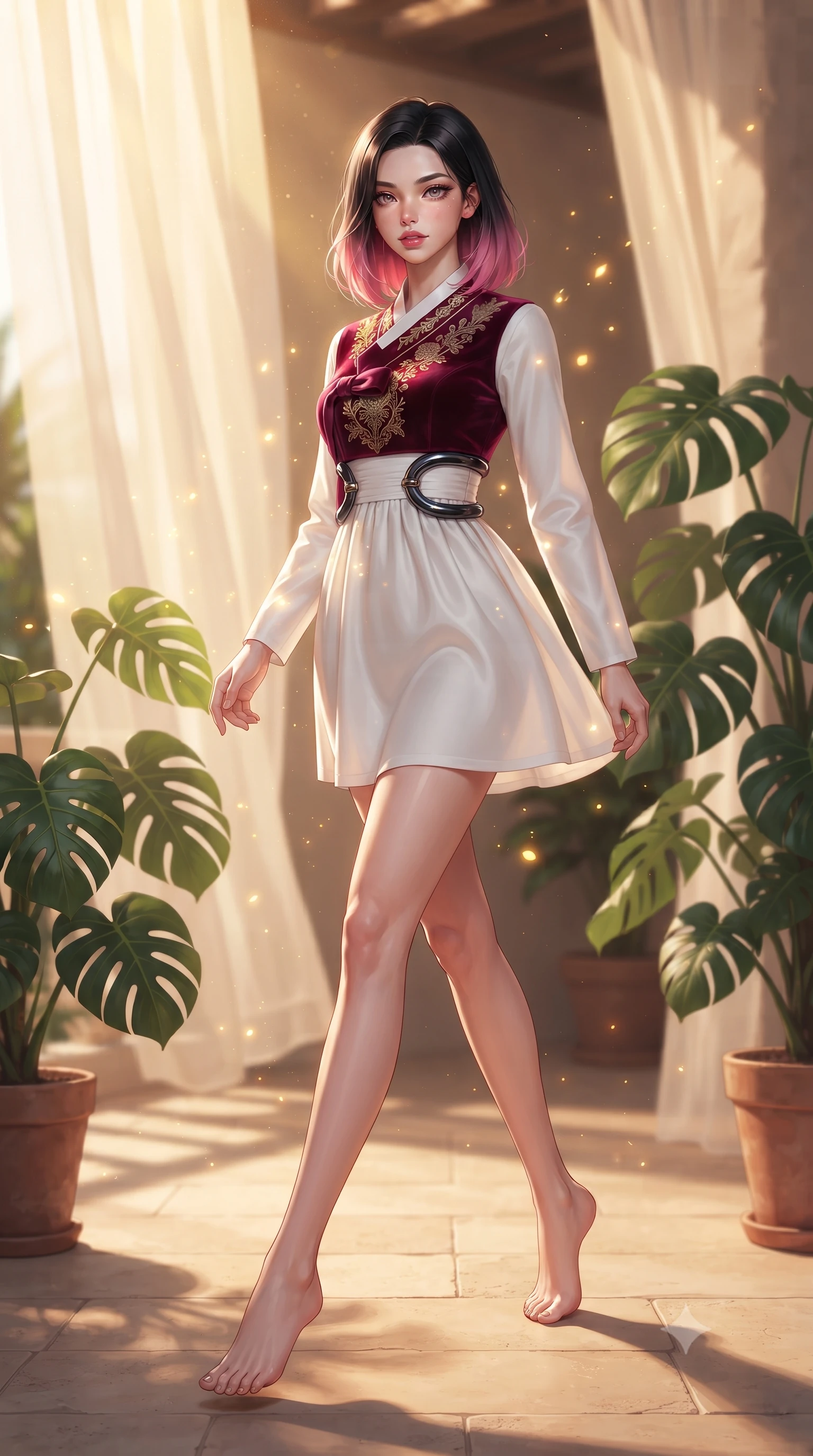 score_9, masterpiece, best quality, ultra-detailed, high-budget anime keyframe, editorial fashion photography, tasteful artistic composition, Korean woman. low angle full-body shot from head to toe showing her feet, filling the entire 9:16 vertical frame with her statuesque presence, stretching her vertical silhouette. interacting with glowing light particles, her long slender legs poised in motion, walking across a warm limestone terrace surrounded by potted tropical monstera leaves, golden sun rays highlighting her high-bridge nose and jewel-like eyes. She has an absolutely perfect, statuesque 8.5-heads proportion, an exceptionally tall and slender model-like female figure with impossibly long slender legs and an ultra-slim waist. sharp v-shaped jawline, high-bridge nose, intricate jewel-like eyes with depth, thick eyelashes, glossy lips with a natural sheen. wearing modern fusion white hanbok dress with structured gold-embroidered bodice in deep crimson burgundy, made of crushed dark silk velvet, accented with sculpted obsidian chrome rings at the waist, the fitted fabric emphasizing her ultra-slim waist. bathed in warm golden afternoon sunbeams filtering through sheer ivory linen. ultra-reflective glossy finish, specular highlights, metallic sheen, high-contrast stereoscopic depth, volumetric dynamic lighting, 2k, ultra detail, master piece, 9:16 ratio