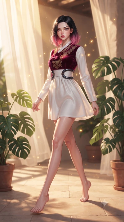 score_9, masterpiece, best quality, ultra-detailed, high-budget anime keyframe, editorial fashion photography, tasteful artistic composition, Korean woman. low angle full-body shot from head to toe showing her feet, filling the entire 9:16 vertical f