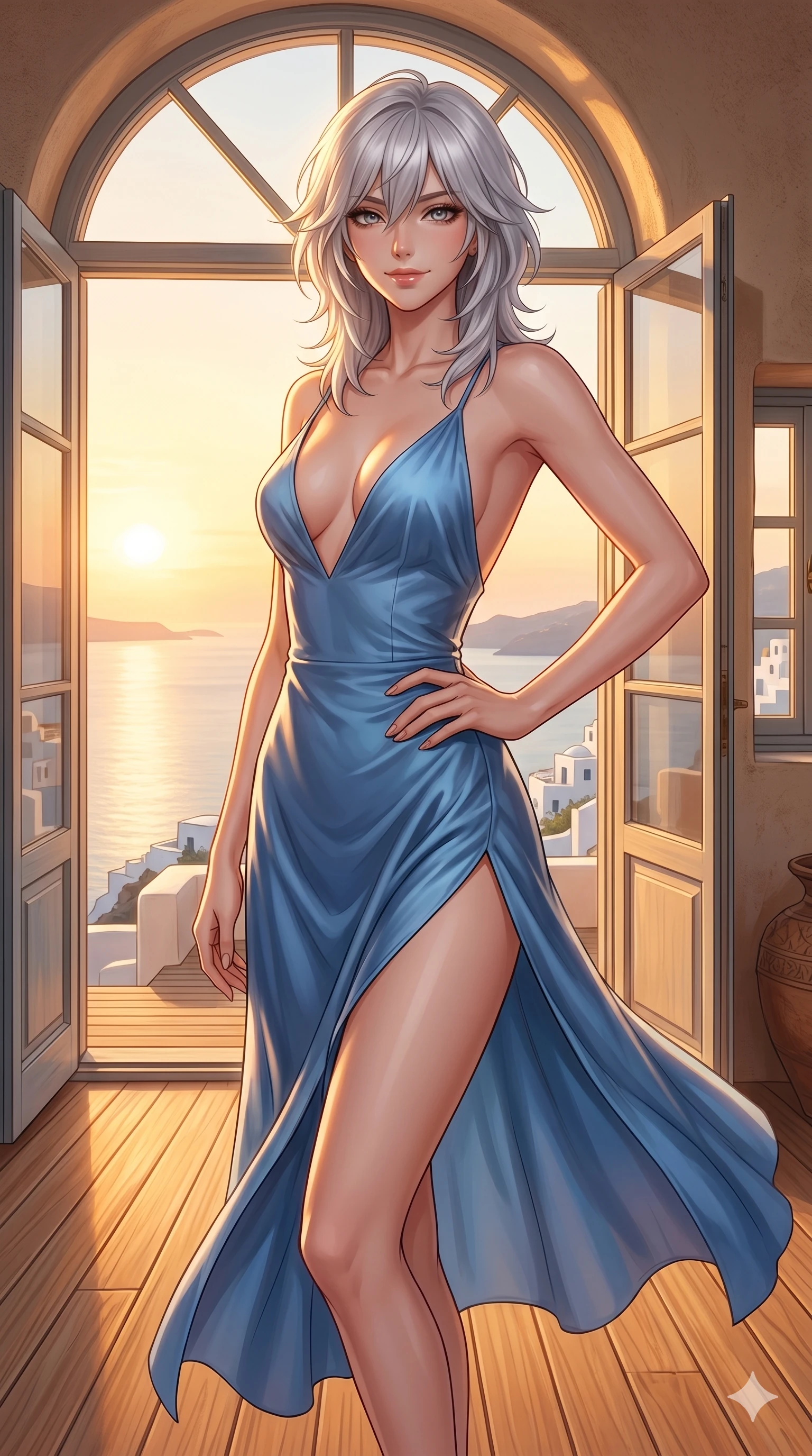 score_9, masterpiece, best quality, ultra-detailed, high-budget anime keyframe, editorial fashion photography, tasteful artistic composition, Japanese woman. cowboy shot from the thighs up, character and outfit filling the frame for maximum editorial presence. resting one hand on the curve of her hip, arching her back gracefully with a confident, bedroom-eyes smile on a private teak sun-deck of a cliffside villa in Santorini, overlooking the calm Aegean sea (Code-P093). She has an absolutely perfect 8-heads proportion, an exceptionally tall and slender female figure with impossibly long slender legs and an ultra-slim waist. V-shaped jawline, high-bridge nose, intricate jewel-like eyes with depth, thick eyelashes, glossy lips with a natural sheen. wearing a lightweight blue silk slip dress with an ultra-deep plunging neckline and a high side slit. bathed in warm, golden sunset light pouring through the windows, casting a warm glowing aura over her. 2k, ultra detail, master piece, 9:16 ratio