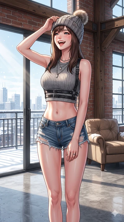 score_9, masterpiece, best quality, ultra-detailed, high-budget anime keyframe, vibrant anime aesthetic, Korean woman. cowboy shot from the thighs up, character and outfit filling the frame for maximum presence. She is laughing cheerfully while adjus
