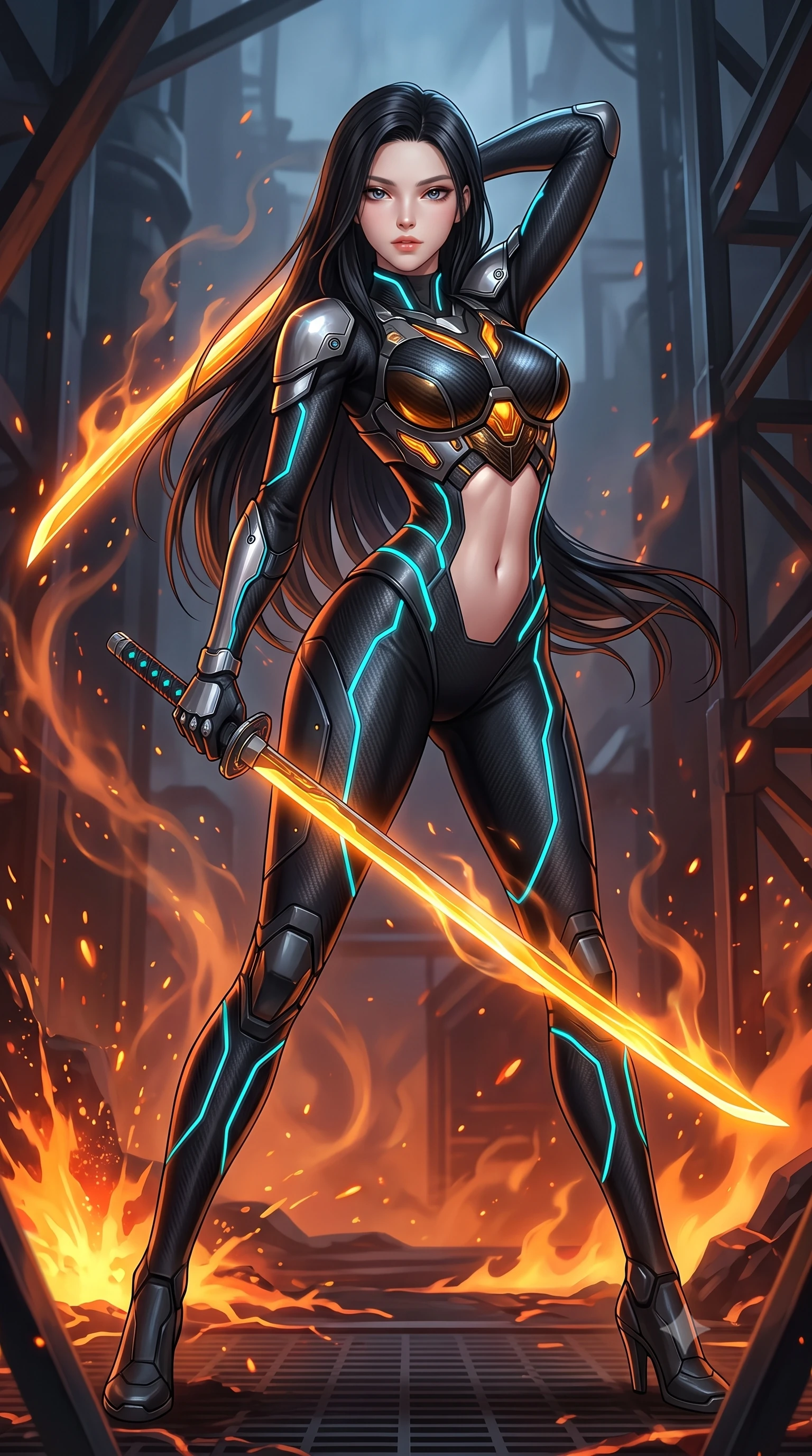 score_9, masterpiece, best quality, ultra-detailed, high-budget anime keyframe, semi-realistic 3D game render, editorial fashion photography, tasteful artistic composition, Korean woman. low angle full-body shot from head to toe showing her feet, filling the entire 9:16 vertical frame with her statuesque presence, stretching her vertical silhouette. pivoting dynamically in mid-motion with a breathtakingly alluring posture, displaying her flawless model proportions, toned flat midriff, and ultra-slim waist while arching her spine in a fluid stretch as rising heat waves and orange embers swirl around her sculpted silhouette. The surrounding environment is rendered in vivid detail and crisp panoramic clarity. sharp heat-resistant carbon armor plate edges, magma bubble bursts, and steel support beams in high resolution. She has an absolutely perfect, statuesque 8.5-heads proportion, an exceptionally tall and slender model-like female figure with impossibly long slender legs, a toned flat midriff, and an ultra-slim waist. sharp v-shaped jawline, high-bridge nose, intricate jewel-like eyes with depth, thick eyelashes, glossy lips with a natural sheen, flawlessly proportioned anatomical accuracy, strict slender model proportions, natural body alignment, perfectly sculpted long slender limbs, ultra-slim waistline, clean dynamic posture without body distortion. wearing an aerodynamic matte-black carbon-fiber bodysuit with glowing neon cyan conduit lines, reinforced by polished titanium pauldrons, wielding a sleek holographic plasma katana with a brilliant energy blade in molten amber-gold carbon cuirass with dark titanium weave, crafted from ultra-strong woven carbon-fiber composite with a satin luster, detailed with magnetic weapon holsters and polished chrome connection clasps, the liquid-tight tailored fabric emphasizing every curve of her tall, slender model proportions and sculptured silhouette during dynamic movement. illuminated by crisp specular highlights tracing her ultra-slim waist, long legs, and flat midriff. rich saturated anime colors with glowing neon highlights, detailed shading with soft gradients, rich glossy textures, high-contrast stereoscopic depth, volumetric dynamic lighting, master piece, 9:16 ratio